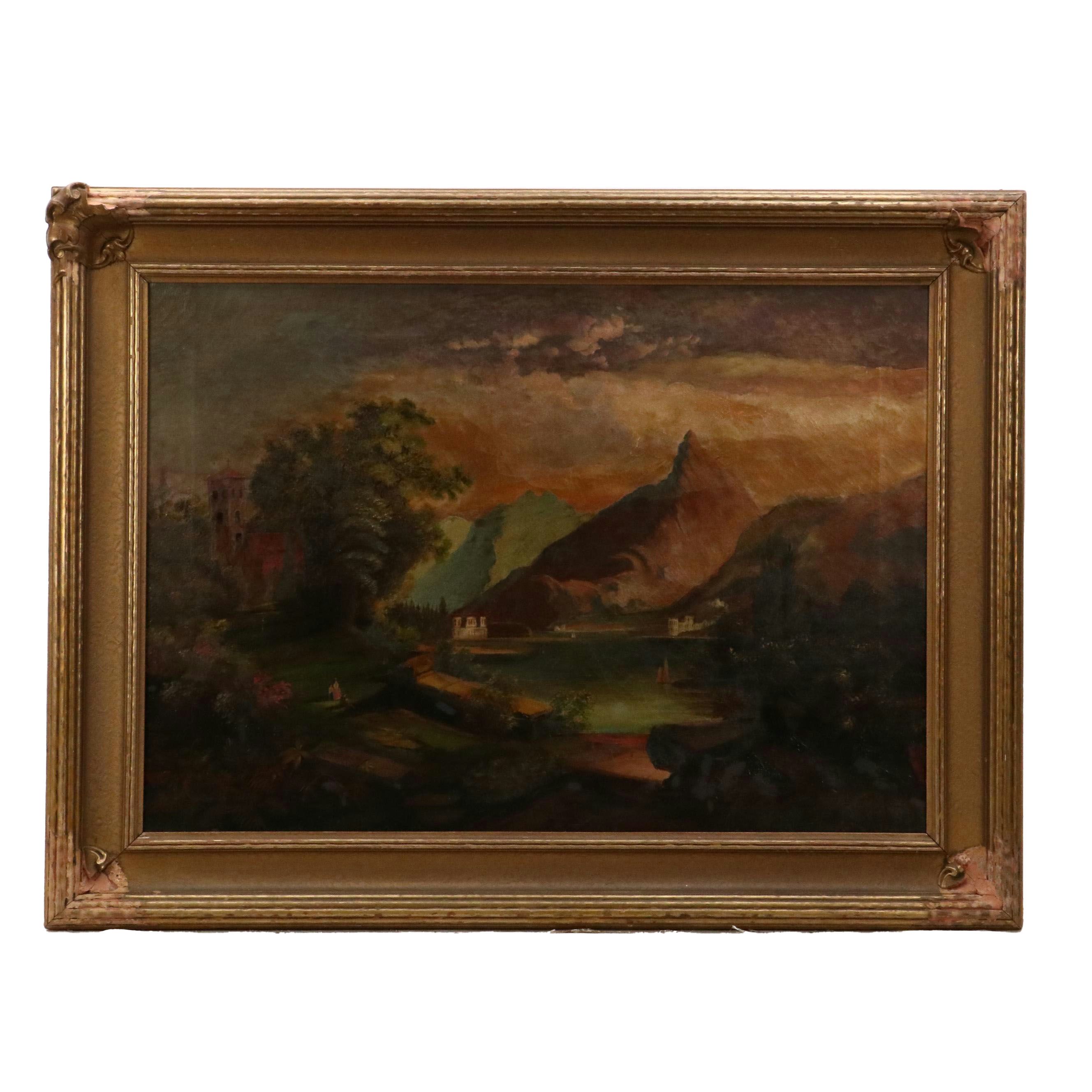 European School Landscape Oil Painting with Mountains, Lake, and Tower