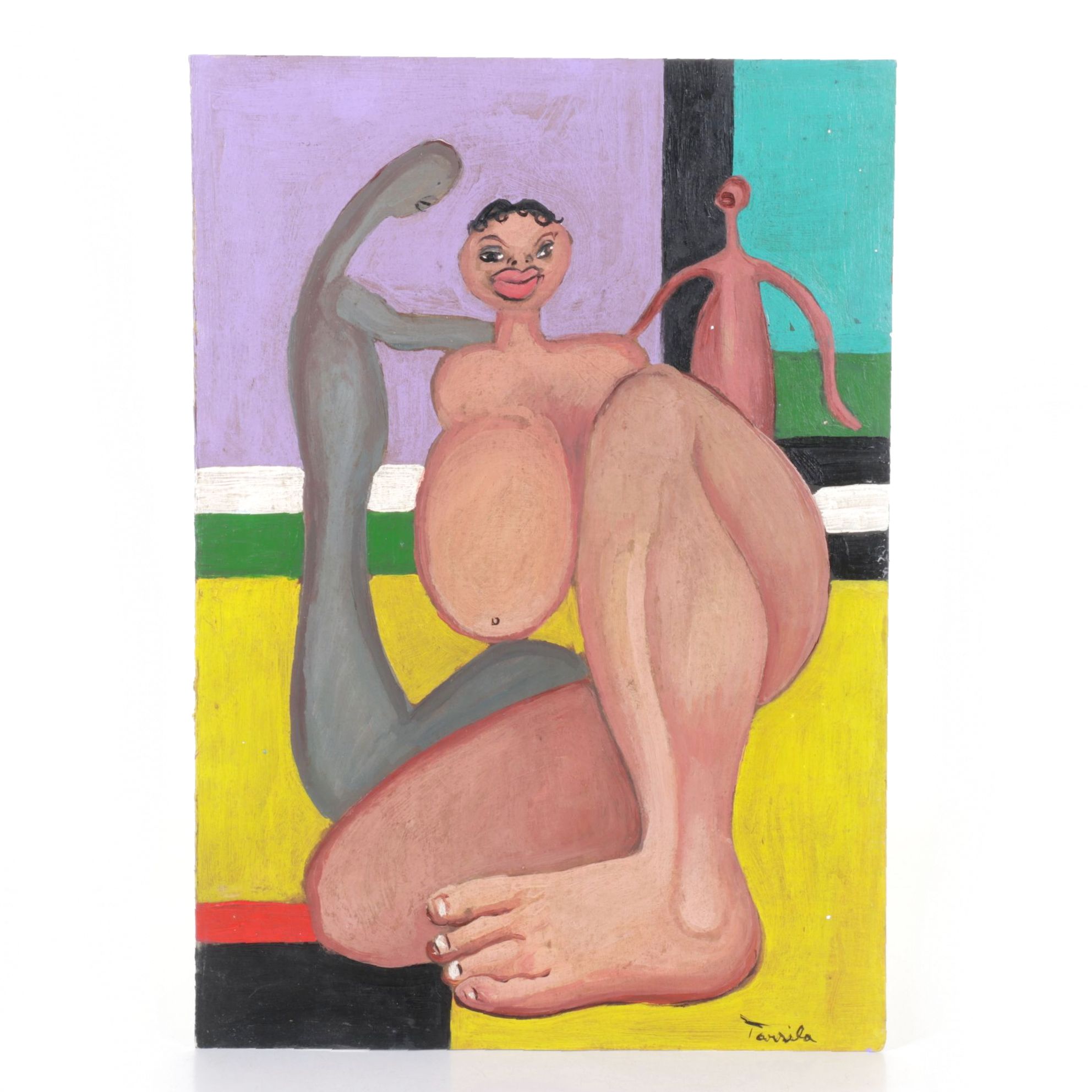 Oil Painting of Abstract Portrait of Female Figure in Style of Tarsila do Amaral