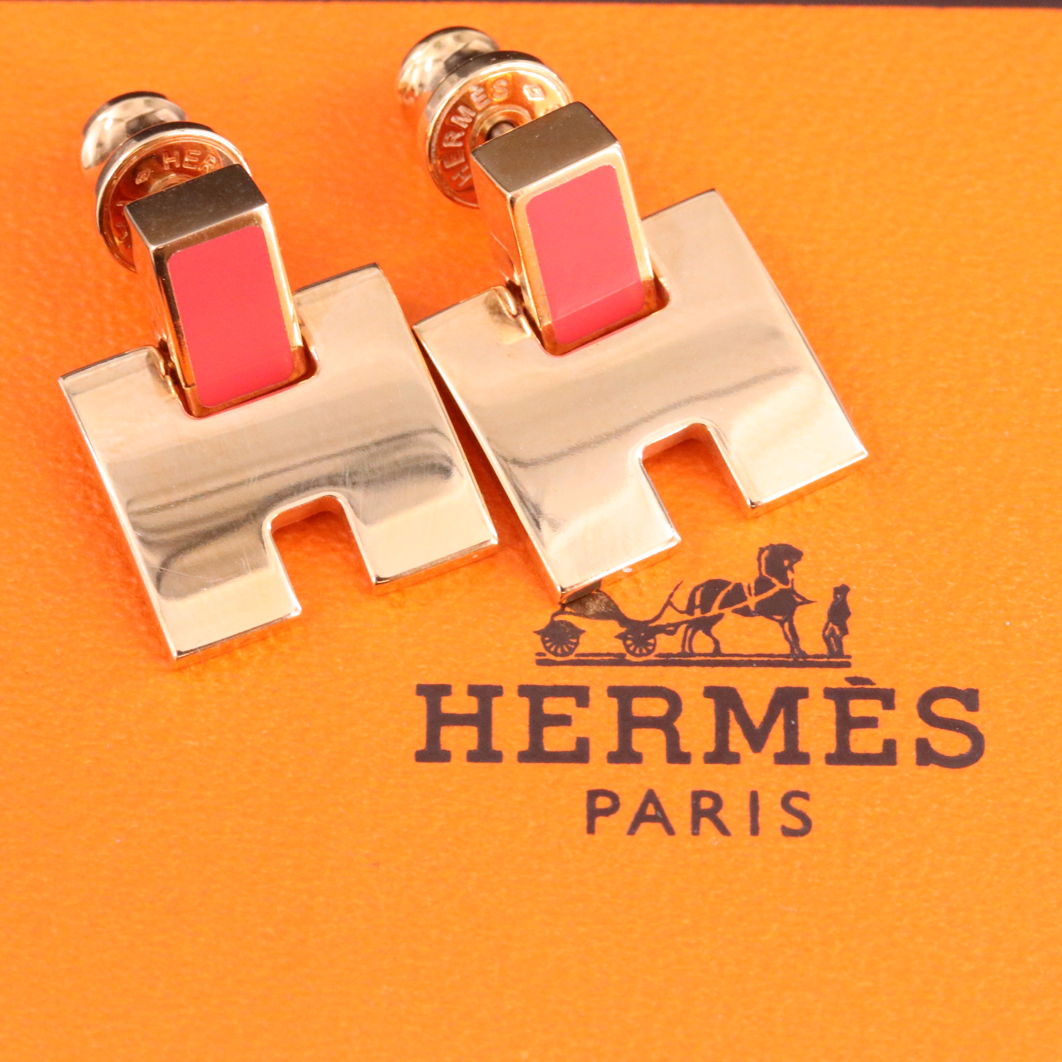 Hermès Cage d'H Rose Gold Tone Enamel Earrings