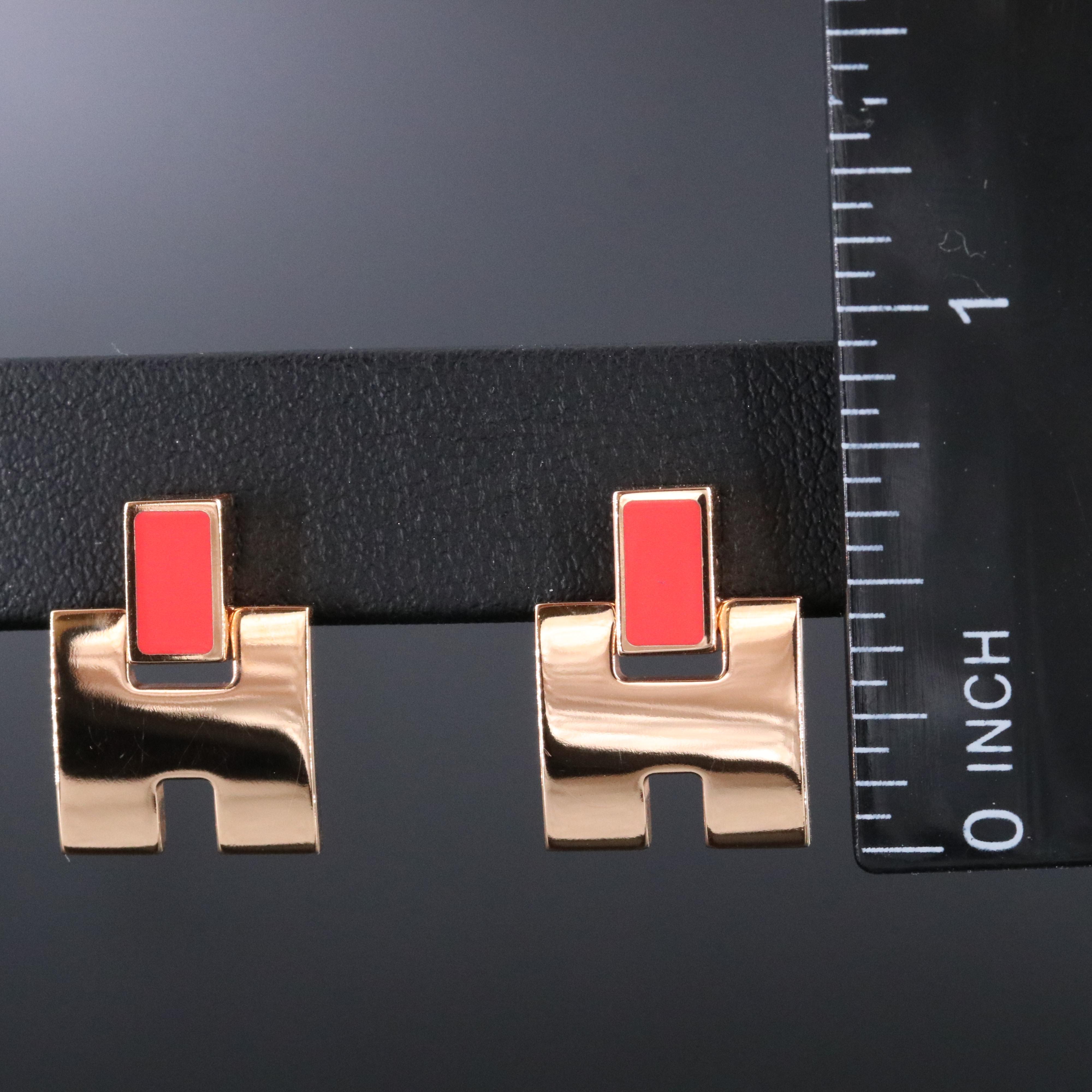 Hermès Cage d'H Rose Gold Tone Enamel Earrings