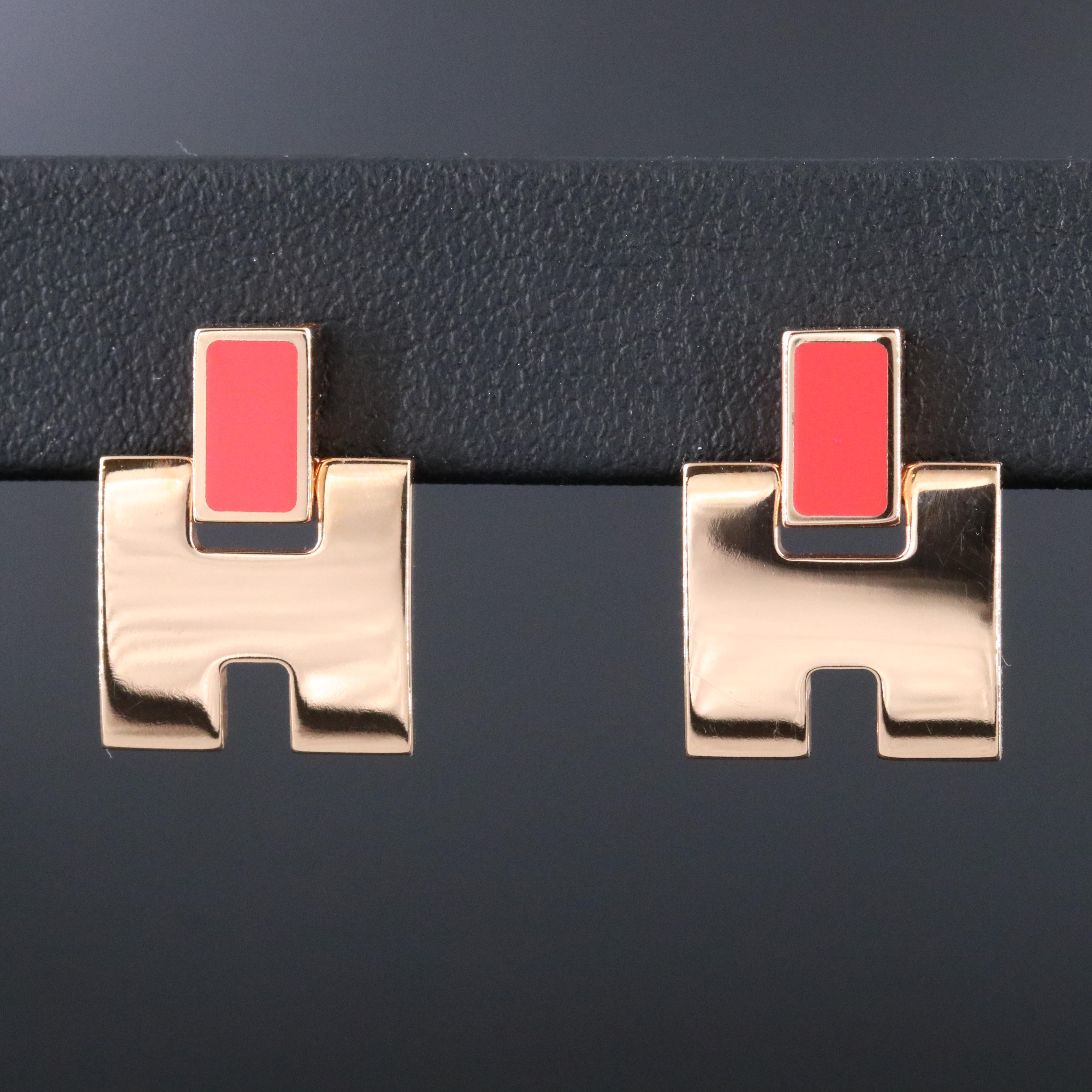 Hermès Cage d'H Rose Gold Tone Enamel Earrings