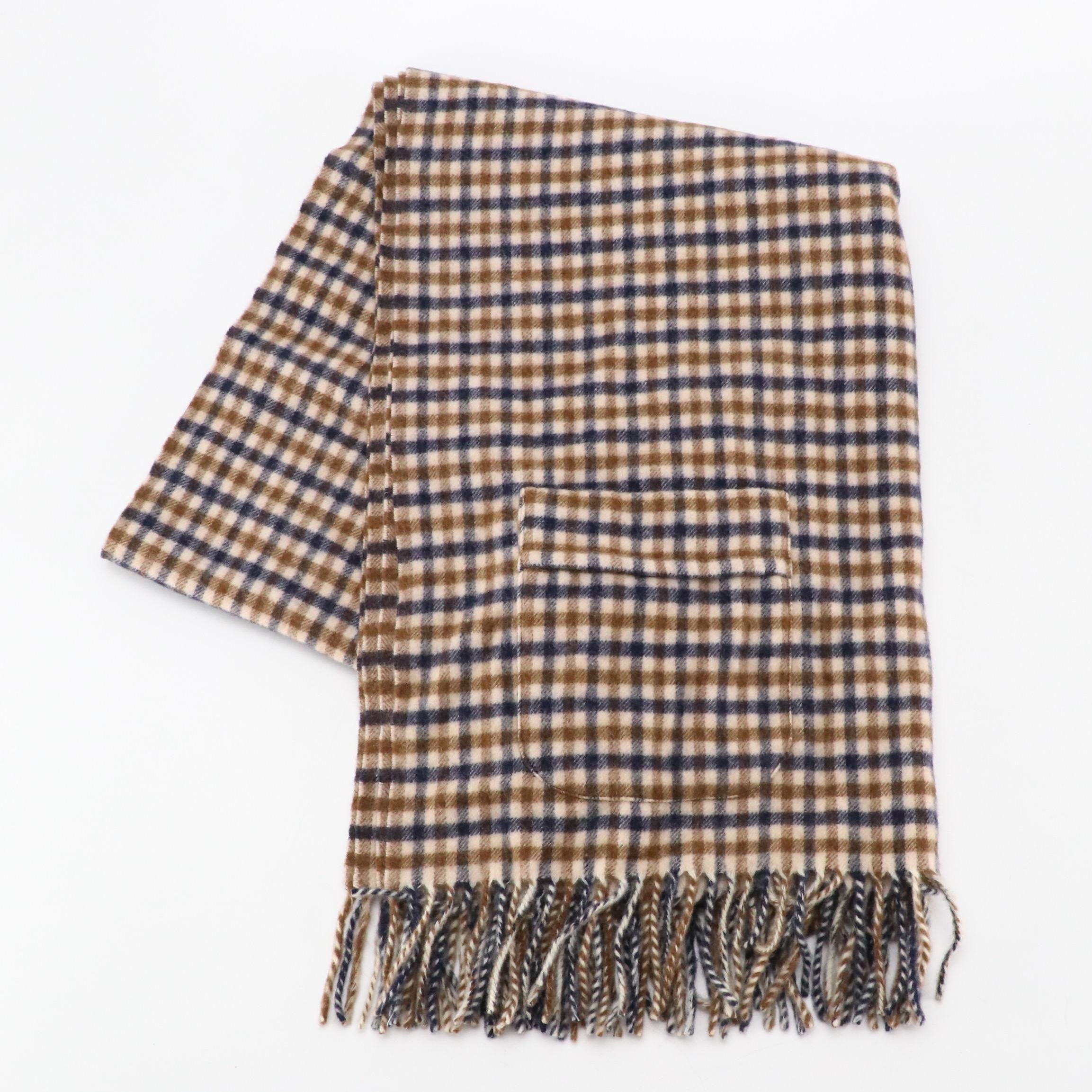 Aquascutum Plaid Lambswool Large Fringe Scarf with Pockets