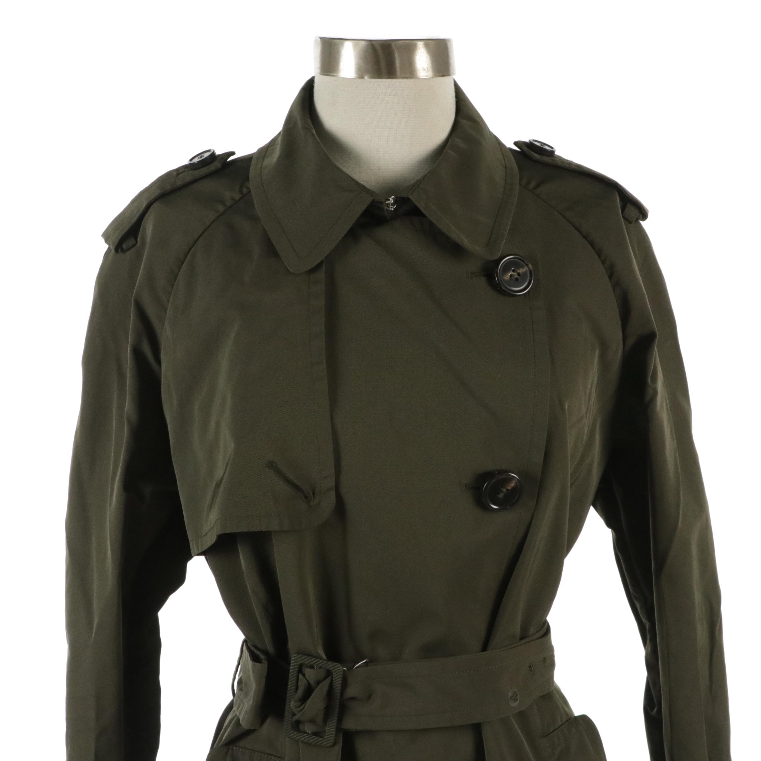 Moncler Pleated-Back Trench Coat Jacket in Olive Green Nylon and Cotton Twill