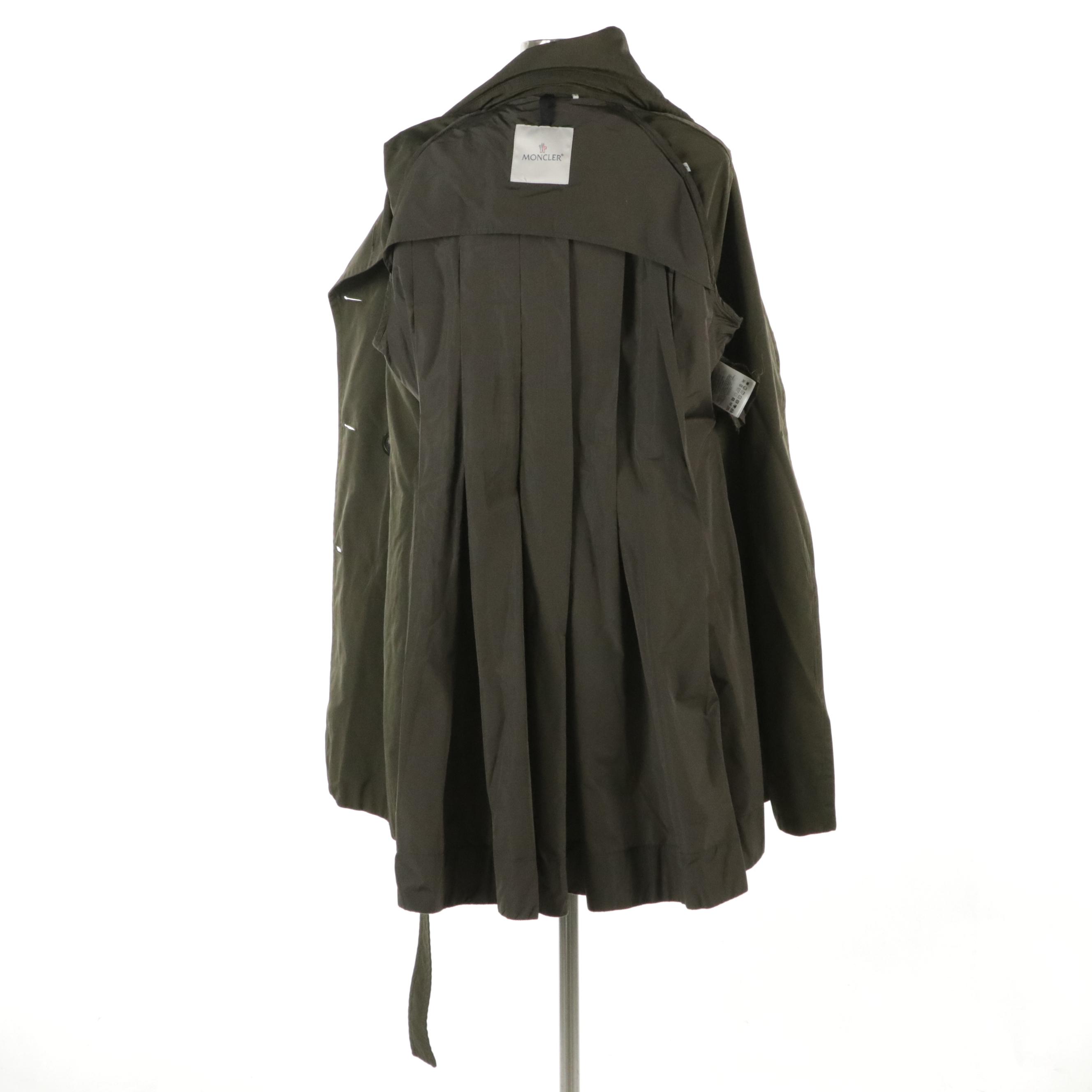 Moncler Pleated-Back Trench Coat Jacket in Olive Green Nylon and Cotton Twill