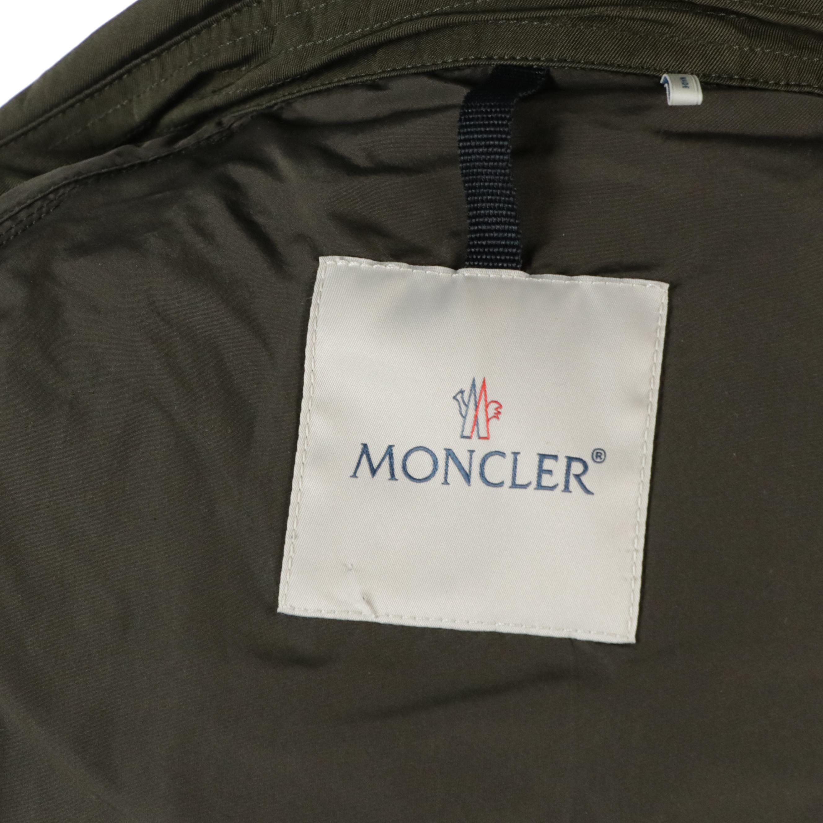 Moncler Pleated-Back Trench Coat Jacket in Olive Green Nylon and Cotton Twill
