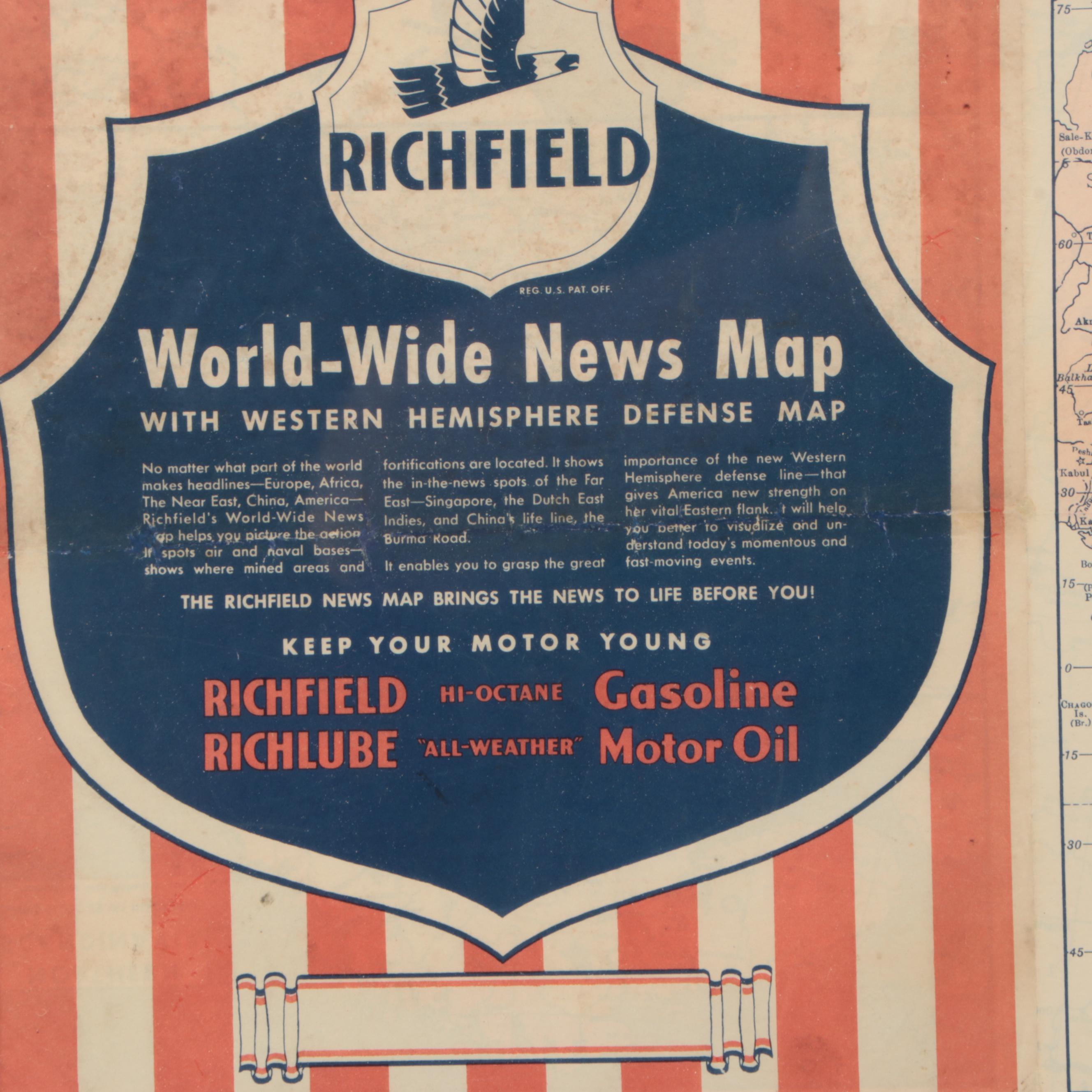 Framed Richfield "World-Wide News Map," Mid-20th Century