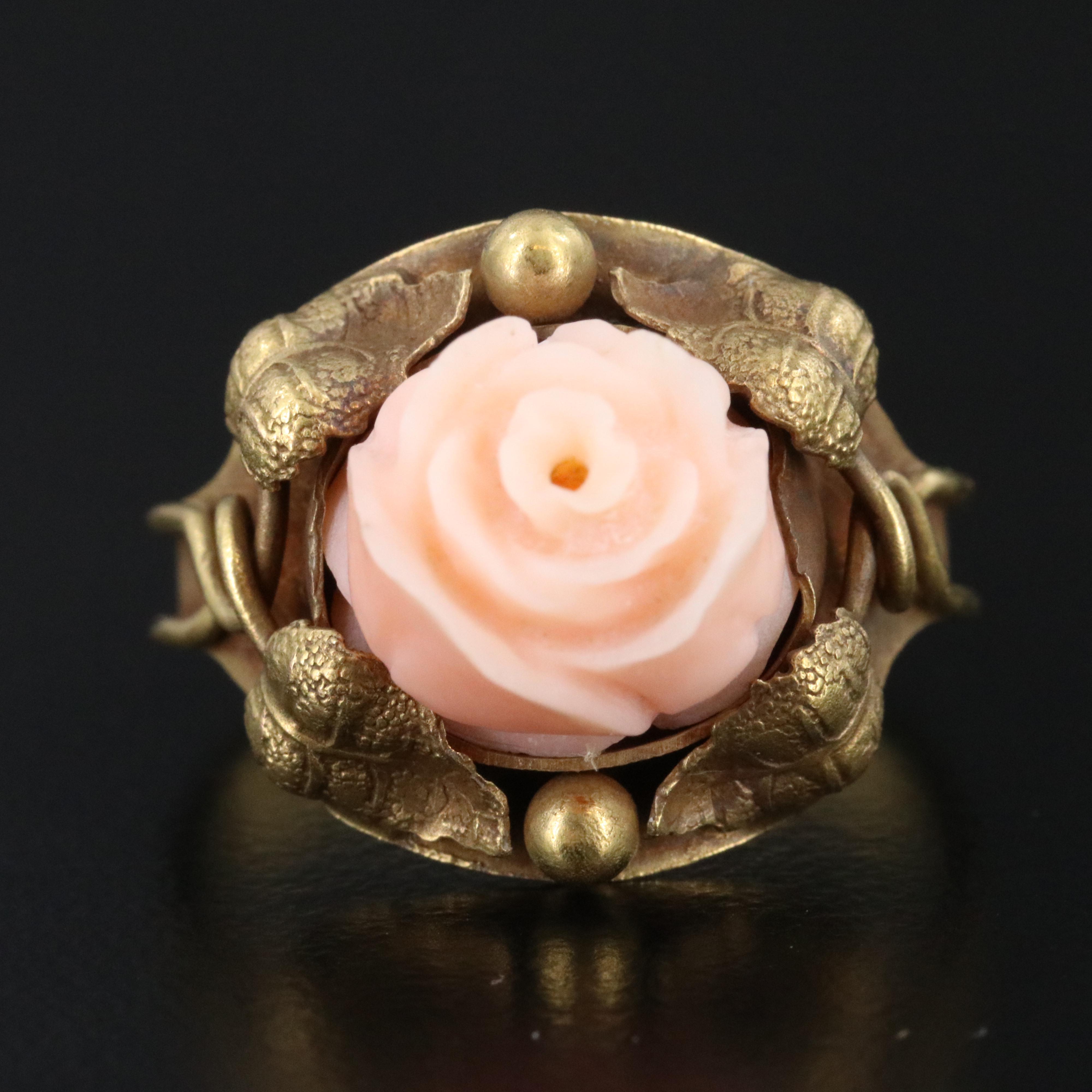 Vintage 10K Carved Rose Coral Ring