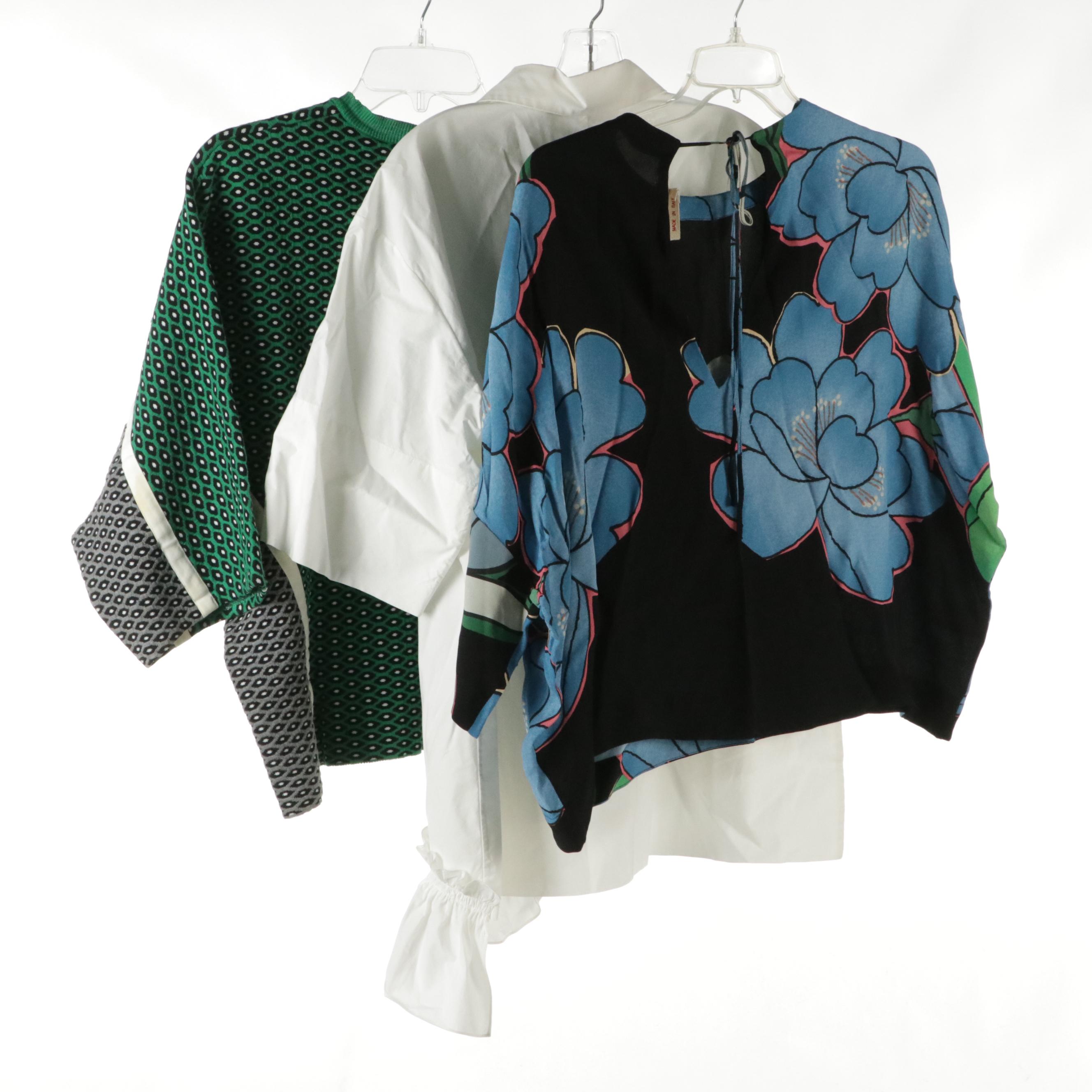 Marni Ruffled and Floral Print Blouses, Patterned Cotton Blend Batwing Sweater