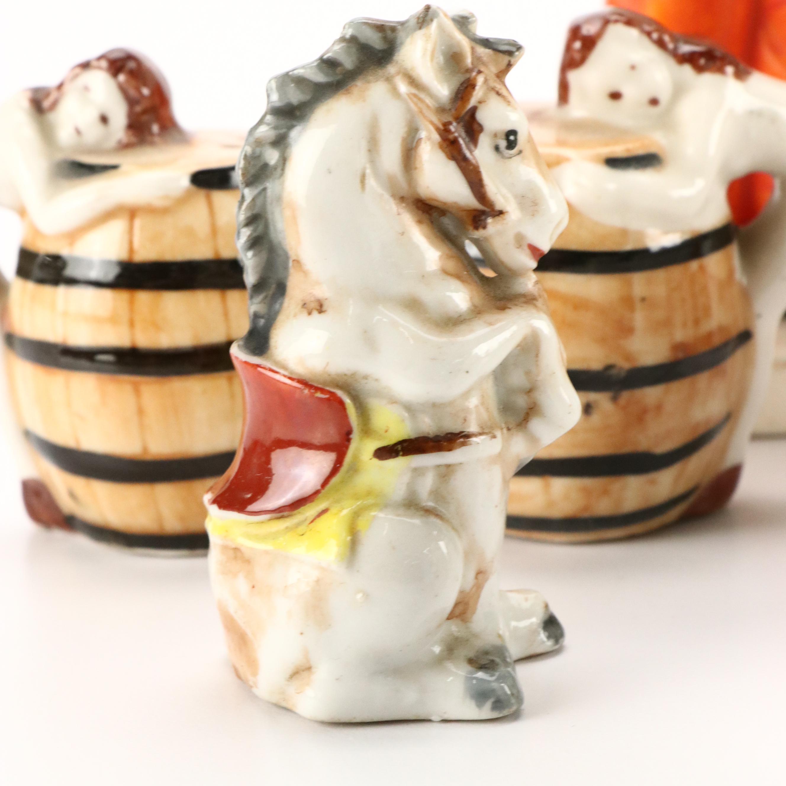 Japanese Figural Porcelain Vases with Noritake Shaker Set and Novelty Shakers