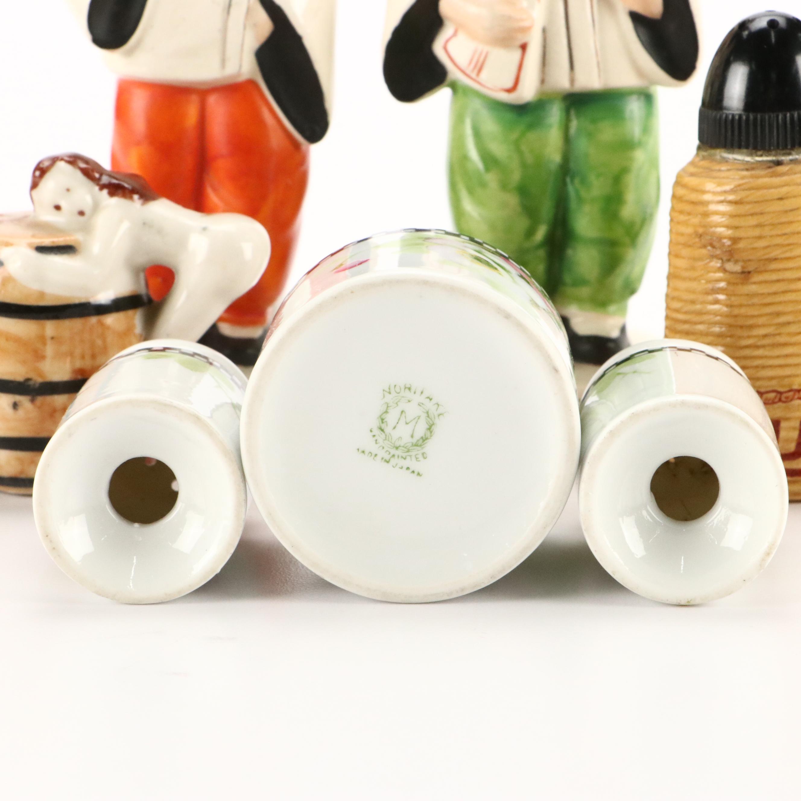 Japanese Figural Porcelain Vases with Noritake Shaker Set and Novelty Shakers