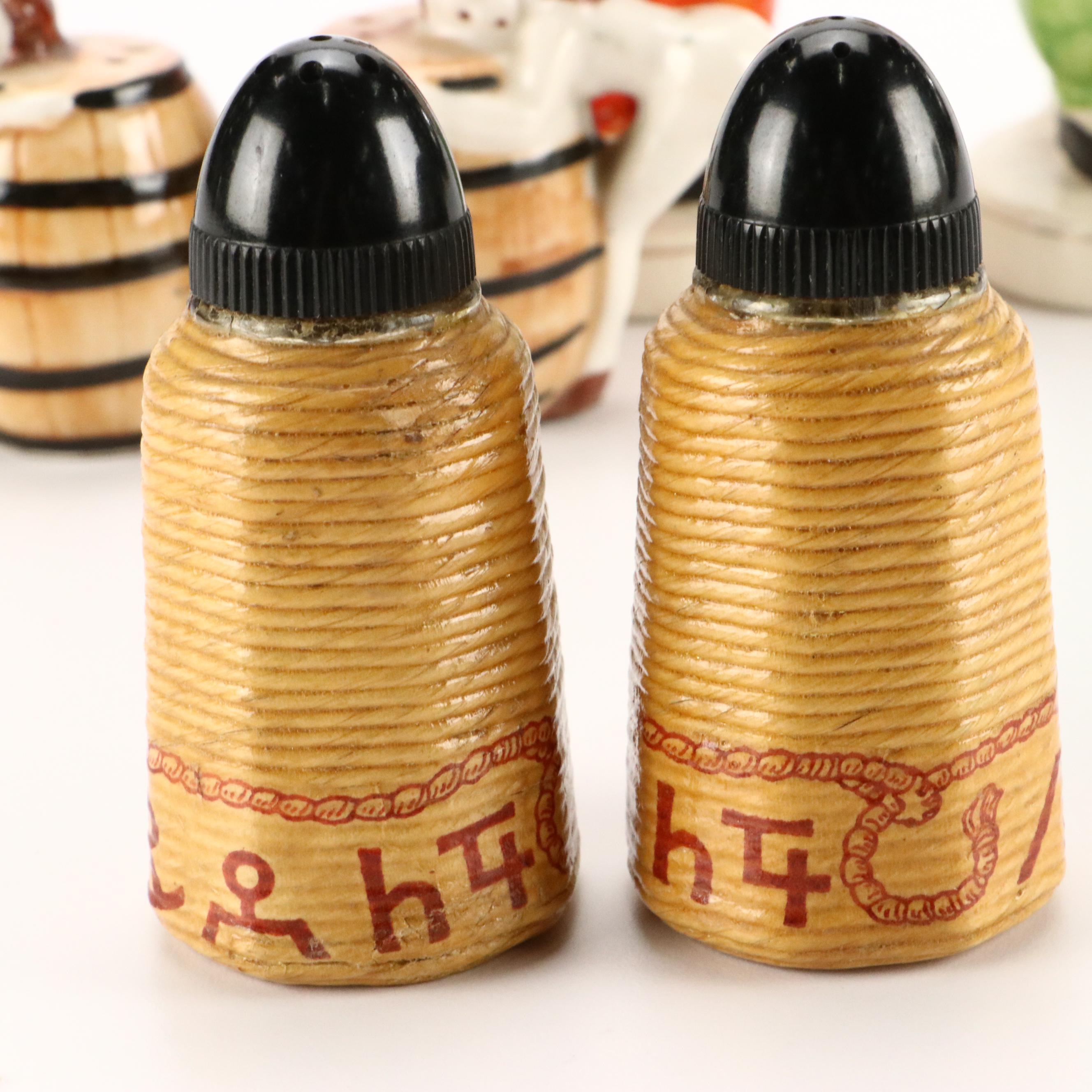 Japanese Figural Porcelain Vases with Noritake Shaker Set and Novelty Shakers