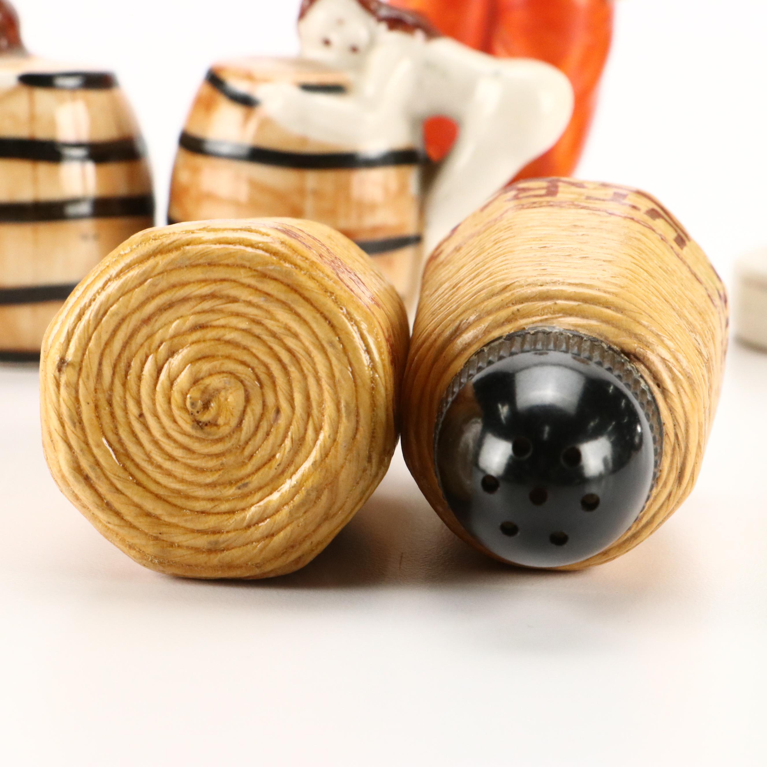 Japanese Figural Porcelain Vases with Noritake Shaker Set and Novelty Shakers