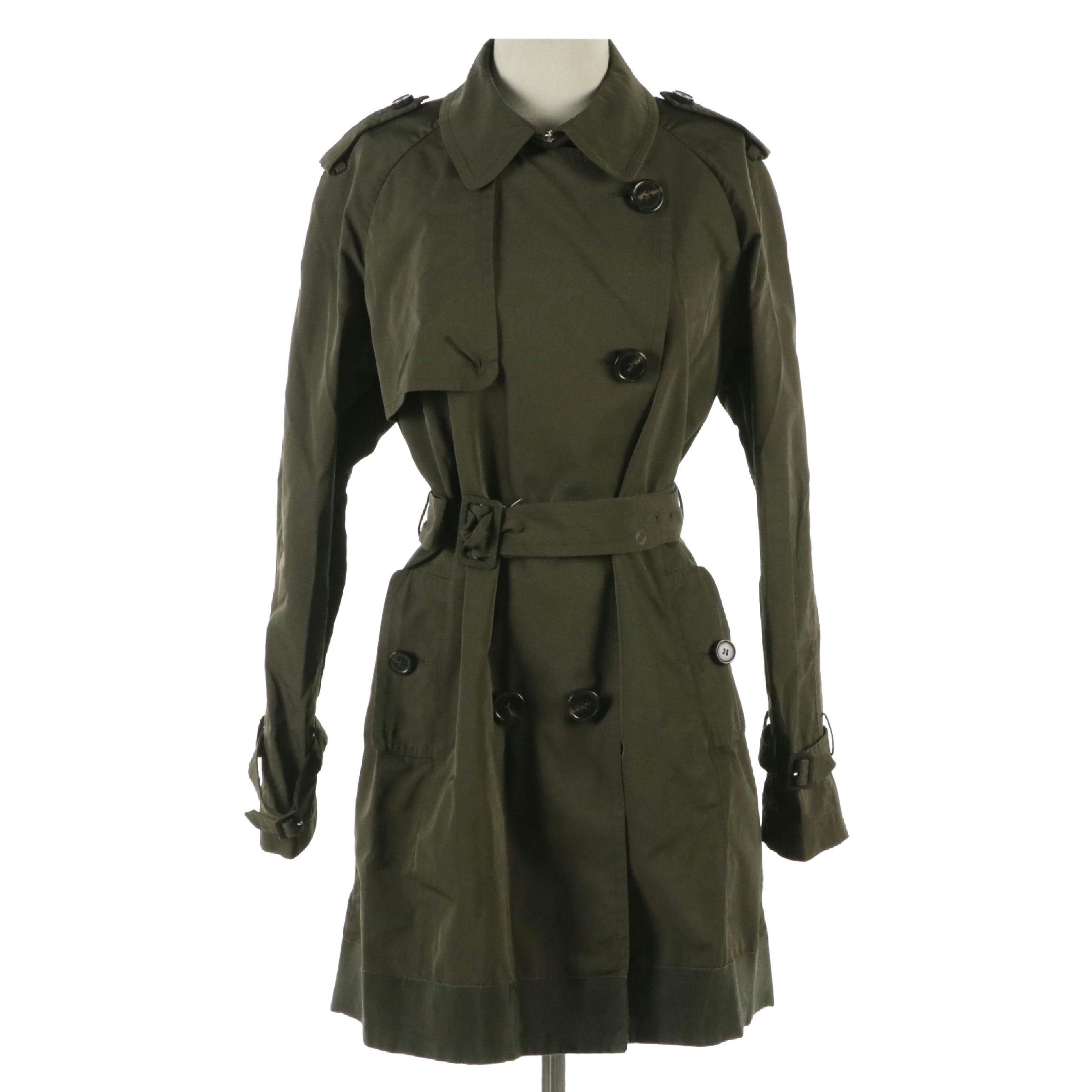 Moncler Pleated-Back Trench Coat Jacket in Olive Green Nylon and Cotton Twill
