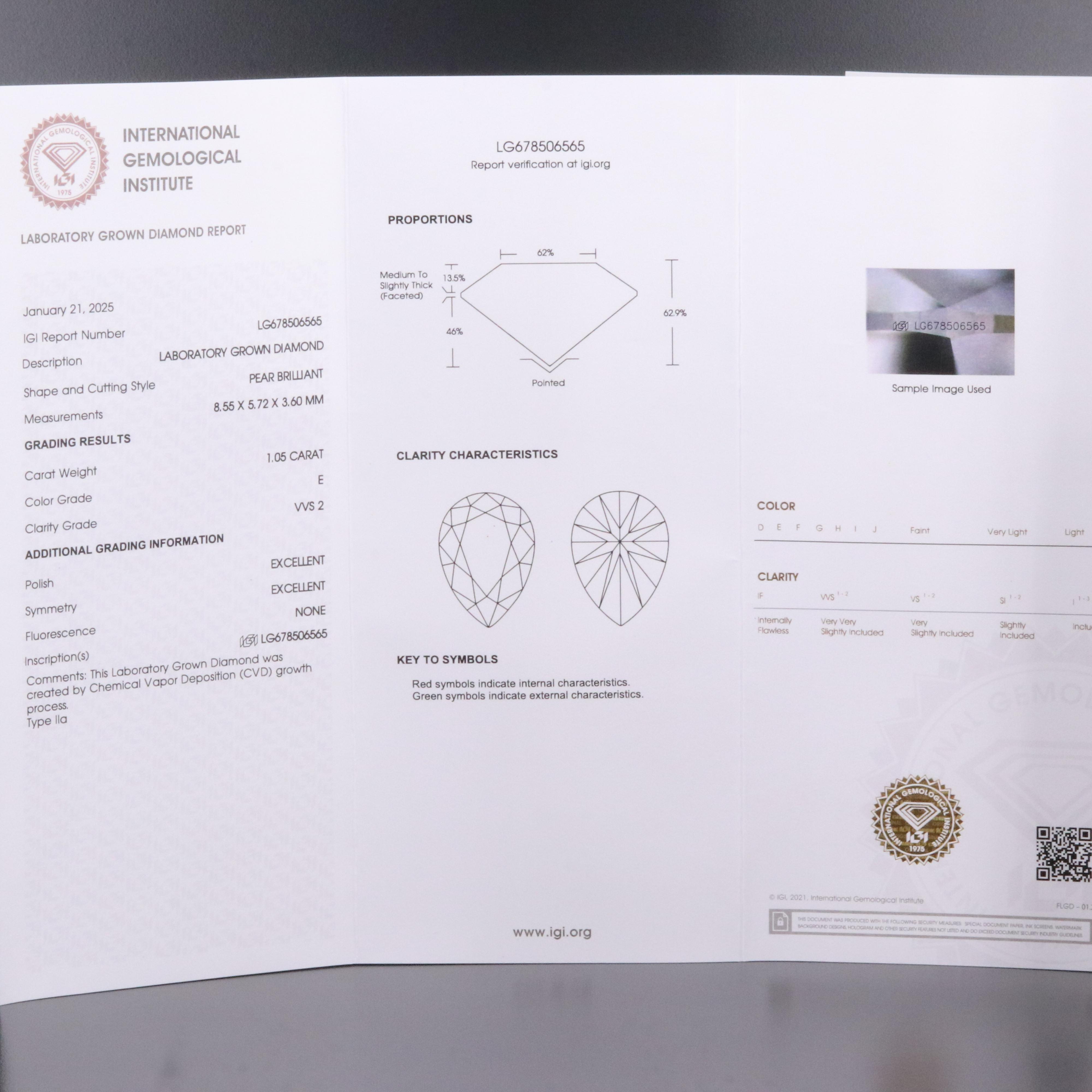 Loose 1.05 CT Lab Grown Diamond With IGI Report