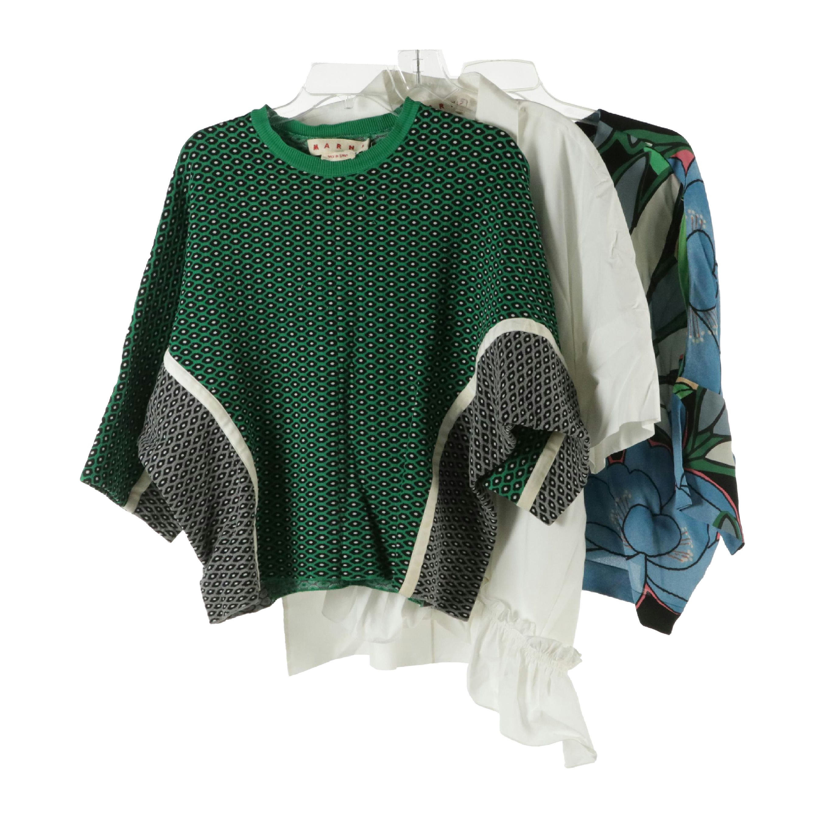 Marni Ruffled and Floral Print Blouses, Patterned Cotton Blend Batwing Sweater