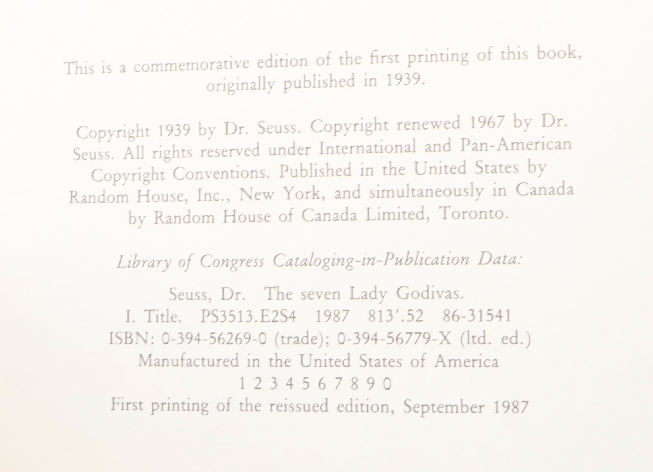 First Edition Thus "The Seven Lady Godivas" by Dr. Seuss, 1987