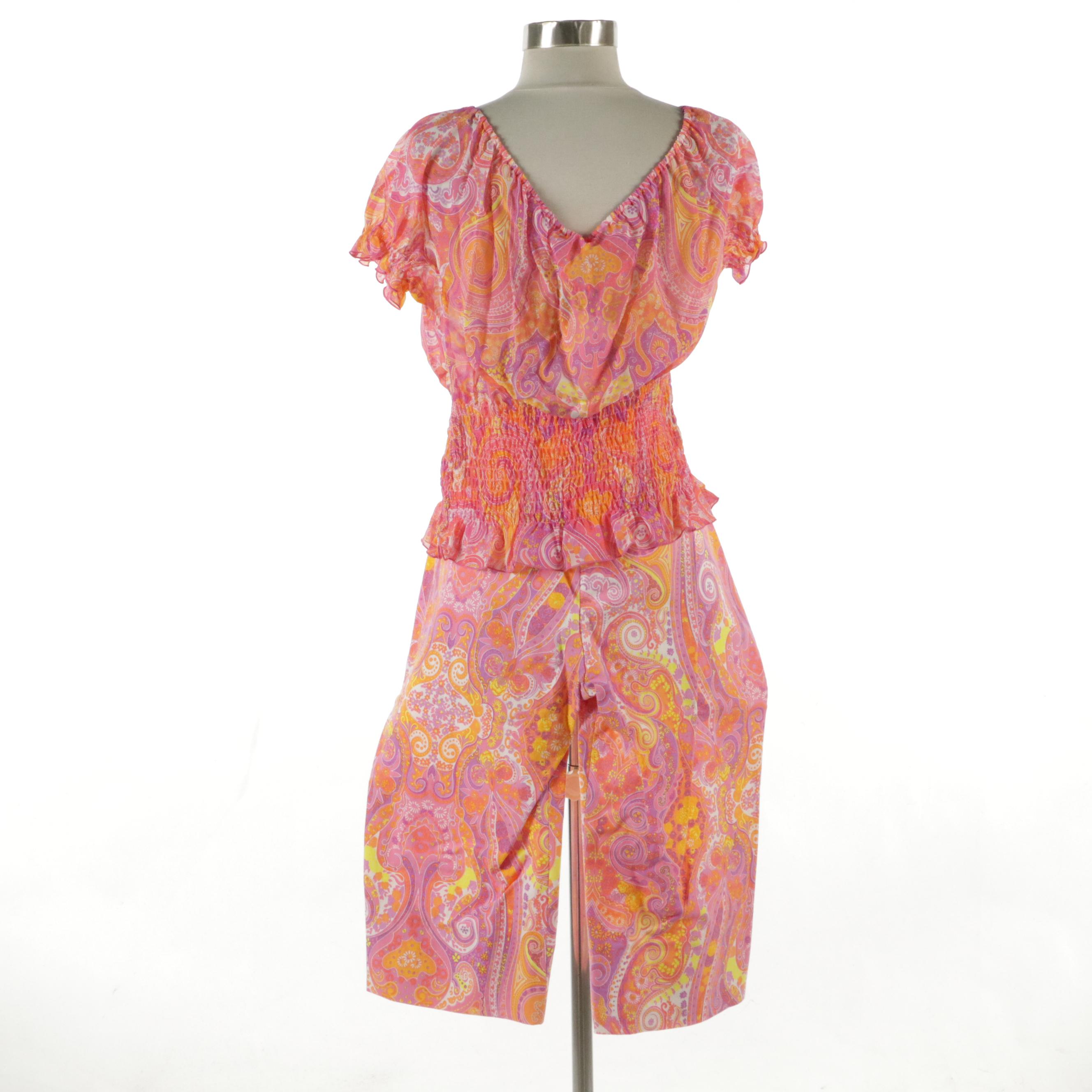 Escada Paisley Capri Pant and Smocked Peasant Top with Tags