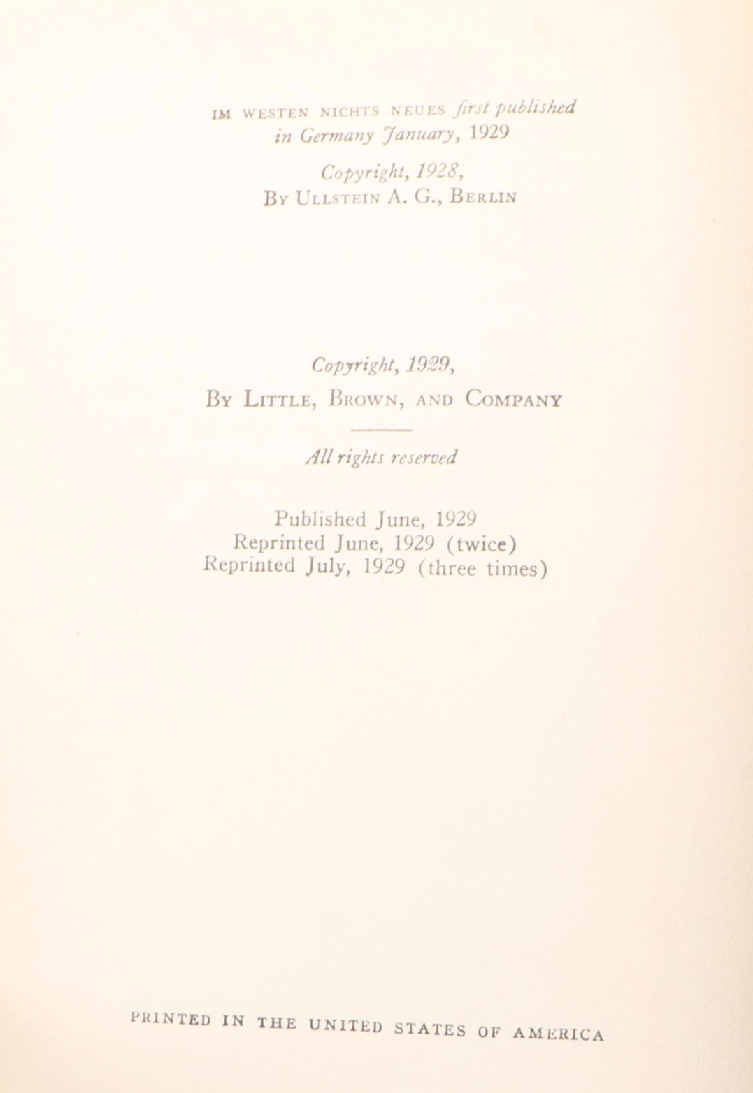 Early American Printing "All Quiet on the Western Front" by Erich Maria Remarque