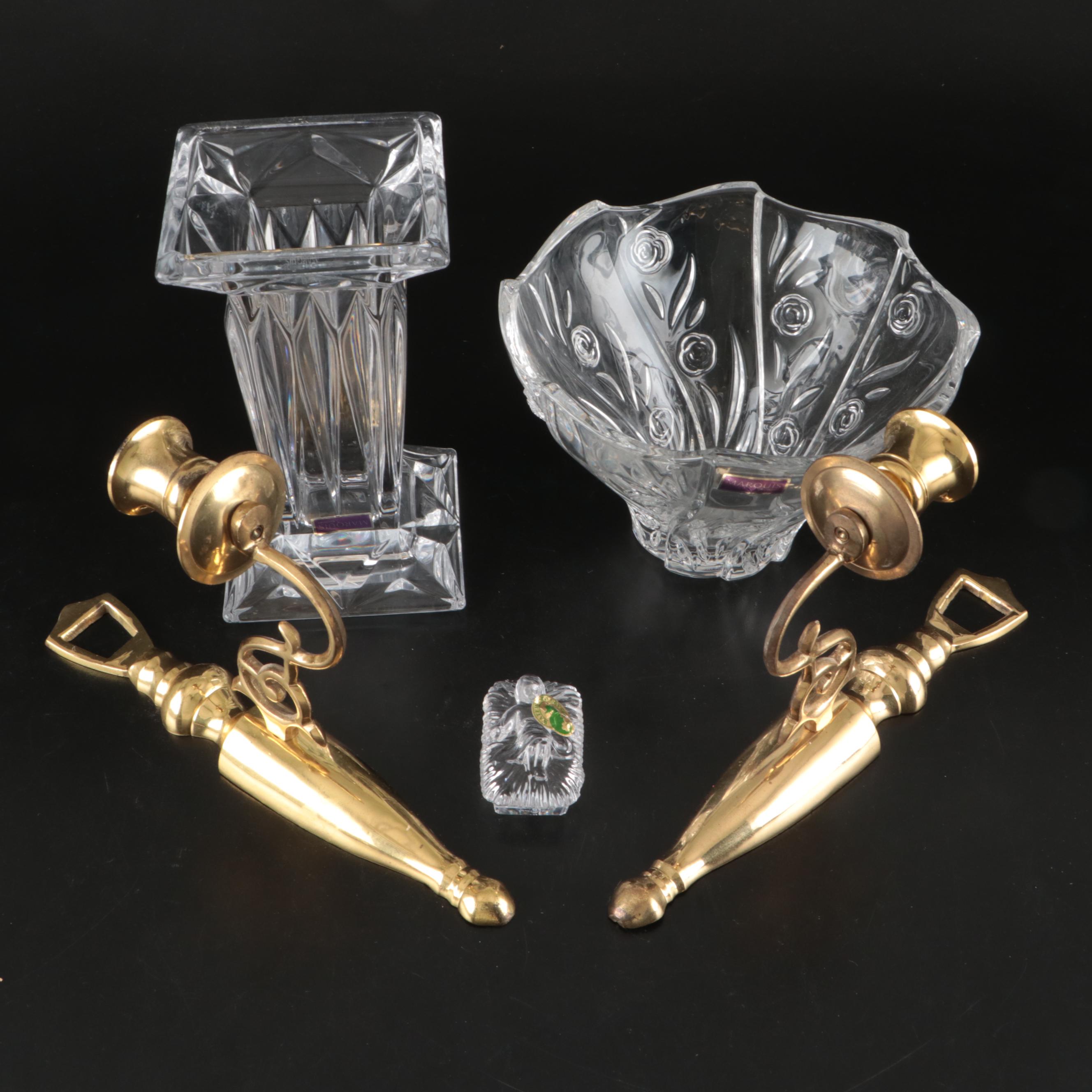 Marquis By Waterford Crystal Vase and Bowl with Baby Jesus and Brass Sconces