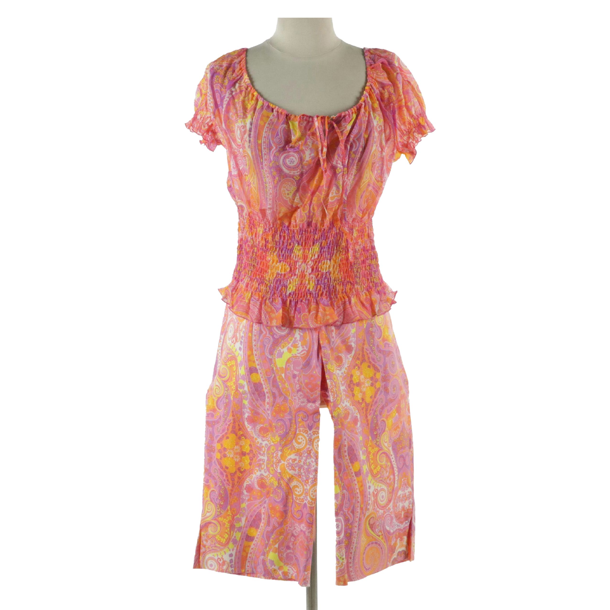 Escada Paisley Capri Pant and Smocked Peasant Top with Tags