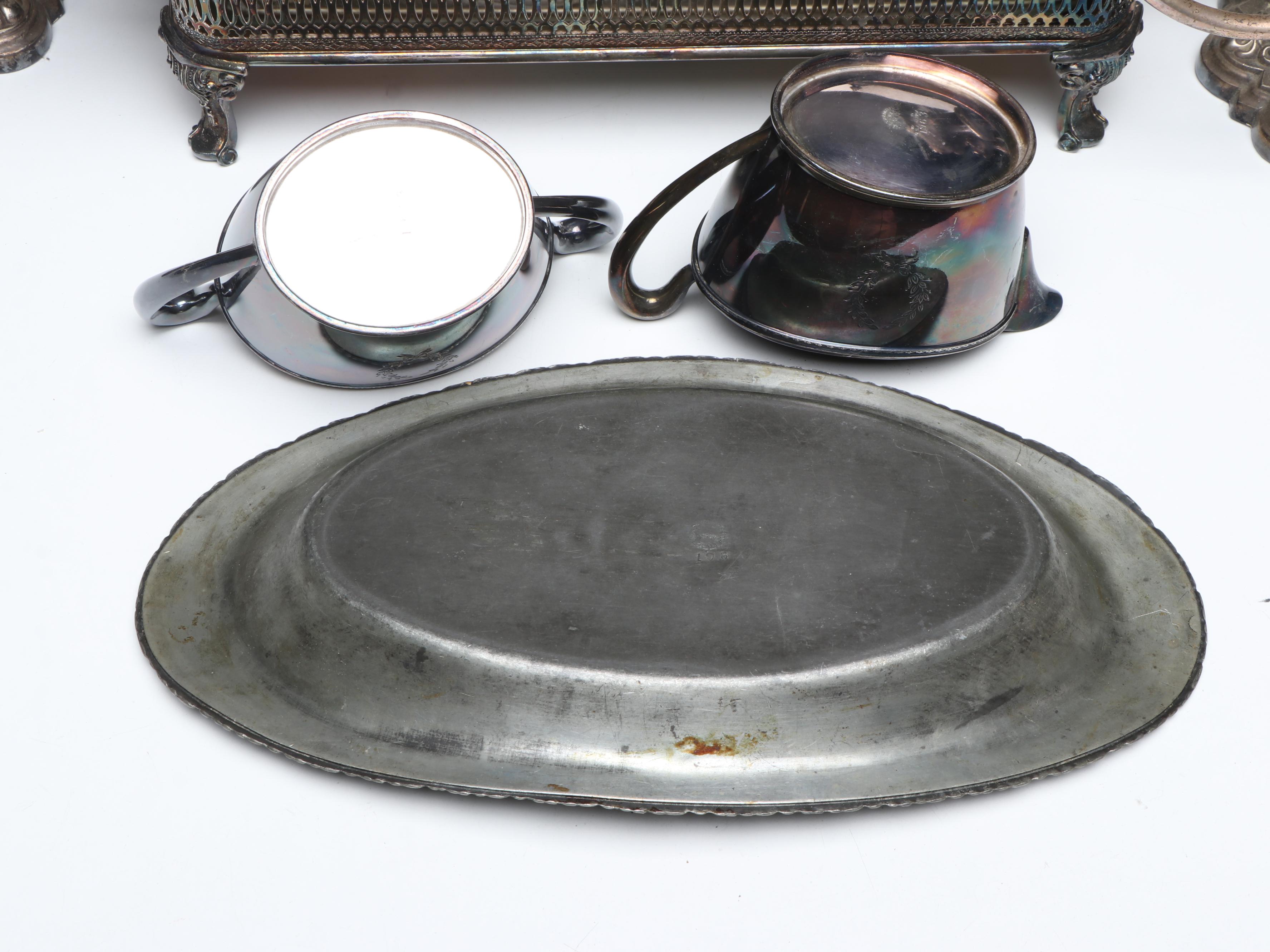 Pilgrim Silver Plate Chafing Dish with Other Silver Plate Serving Pieces