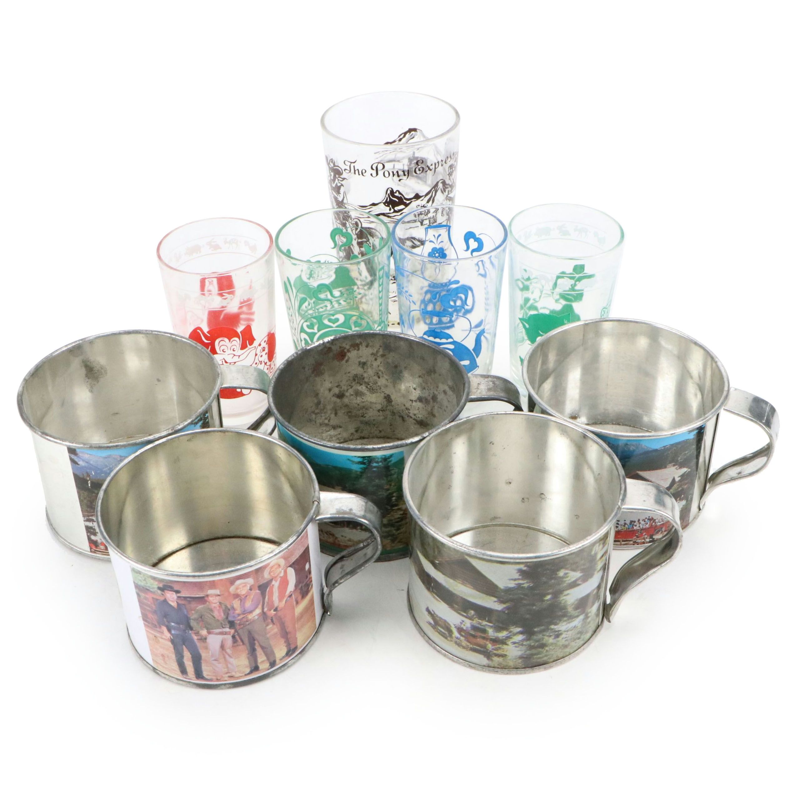 Kraft "Swanky Swigs" Children's Glasses with Ponderosa Ranch Pictorial Tin Cups