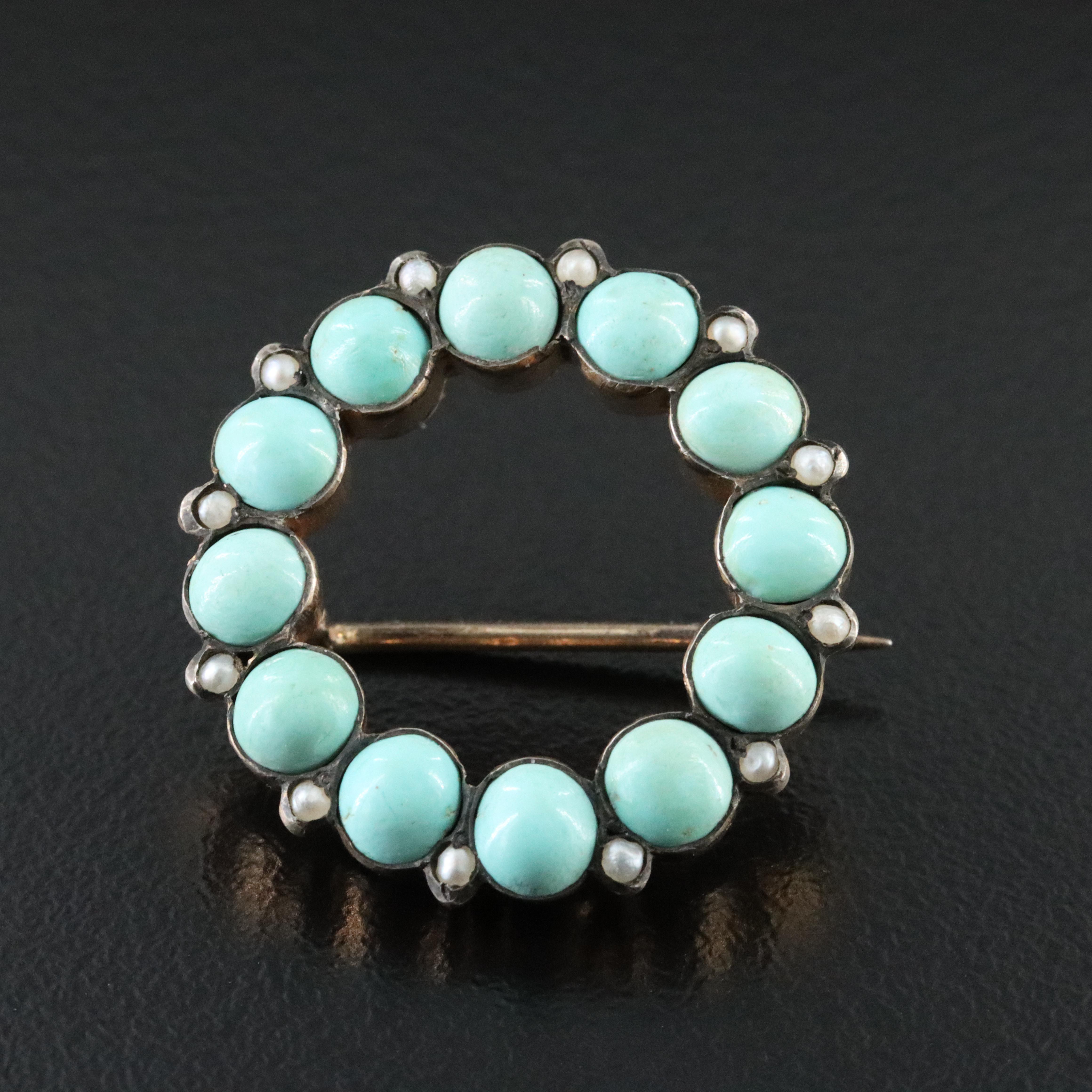 Antique Turquoise and Seed Pearl Brooch