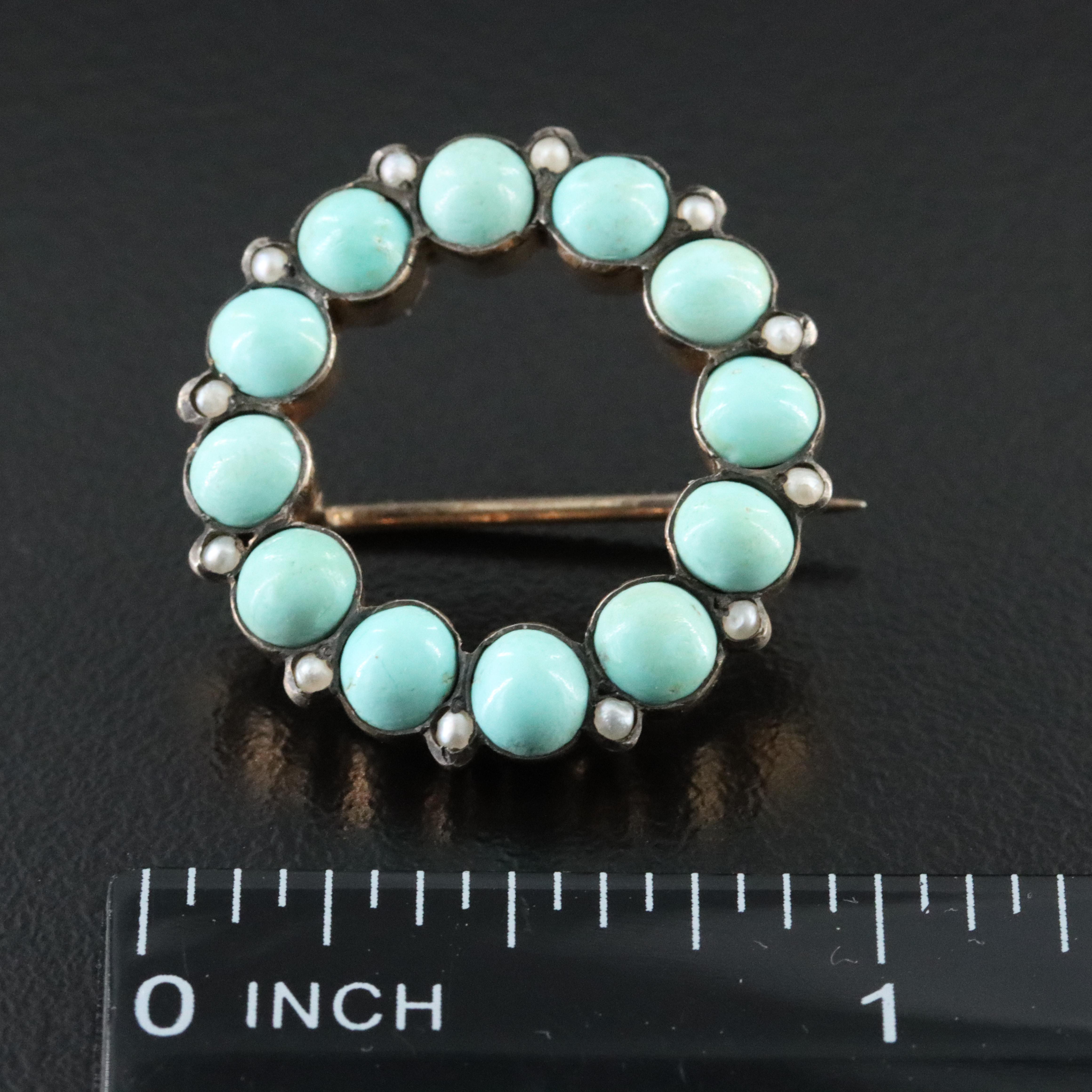 Antique Turquoise and Seed Pearl Brooch