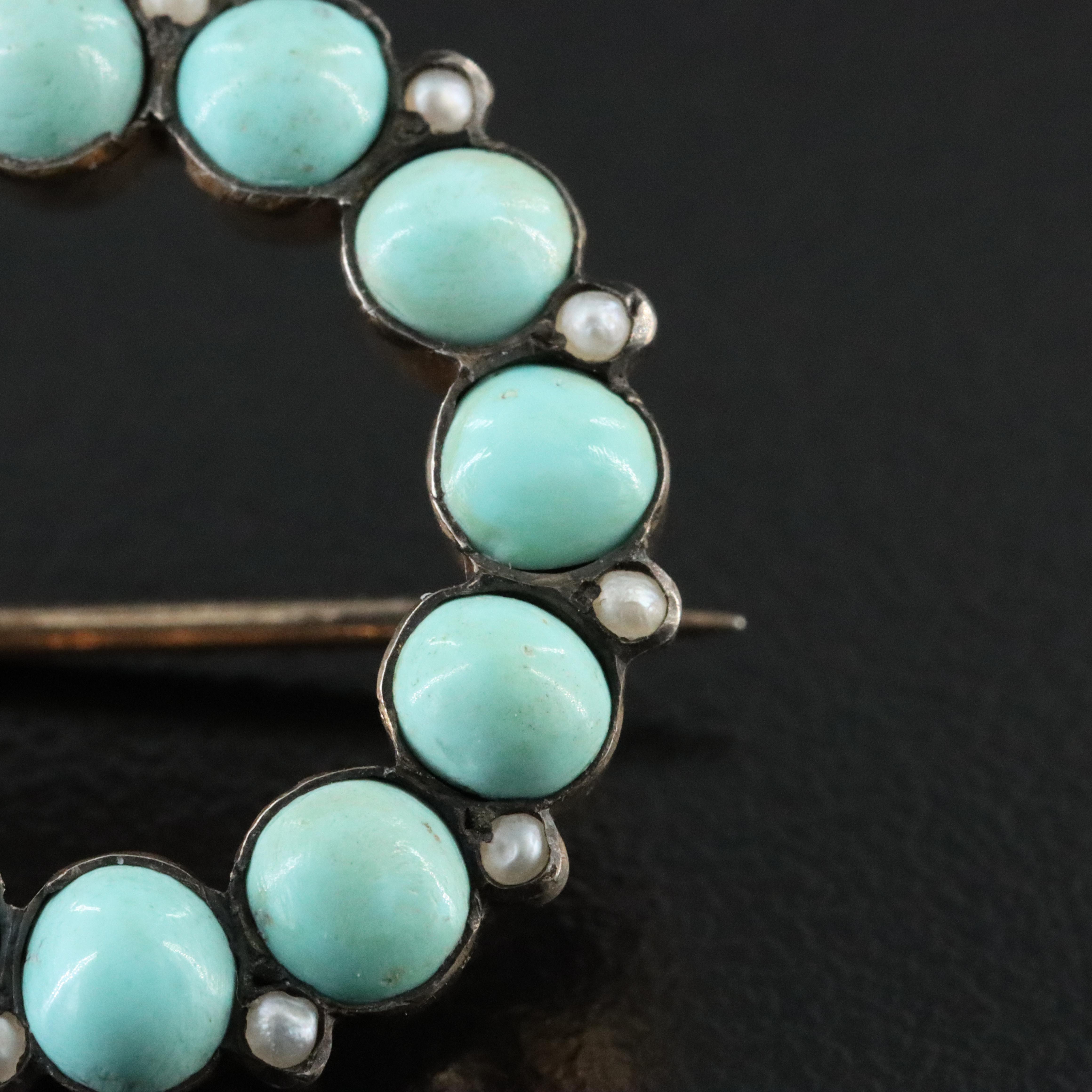 Antique Turquoise and Seed Pearl Brooch
