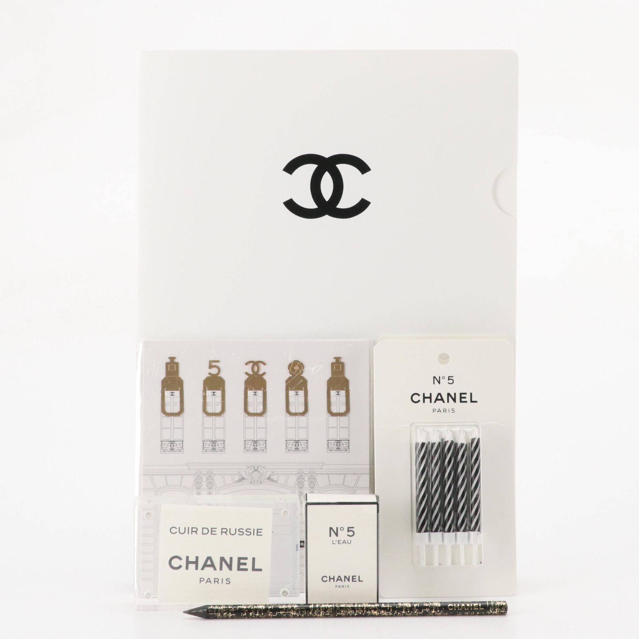Chanel Bookmarks, No.5 Perfume Figurine, Black and White Candles, Folders & More