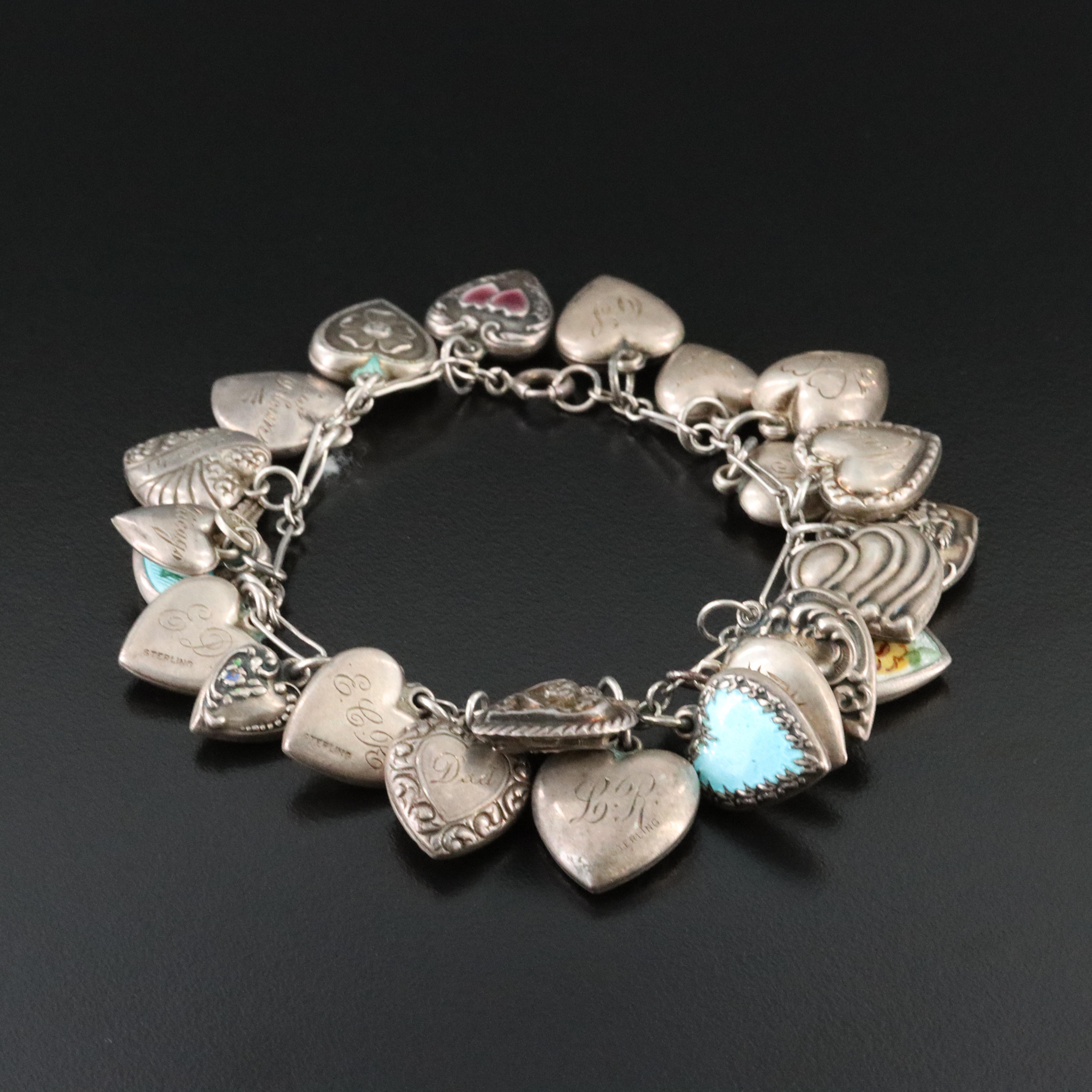 Antique and Vintage Sterling Heart Charm Bracelet Including Walter Lampl Charm