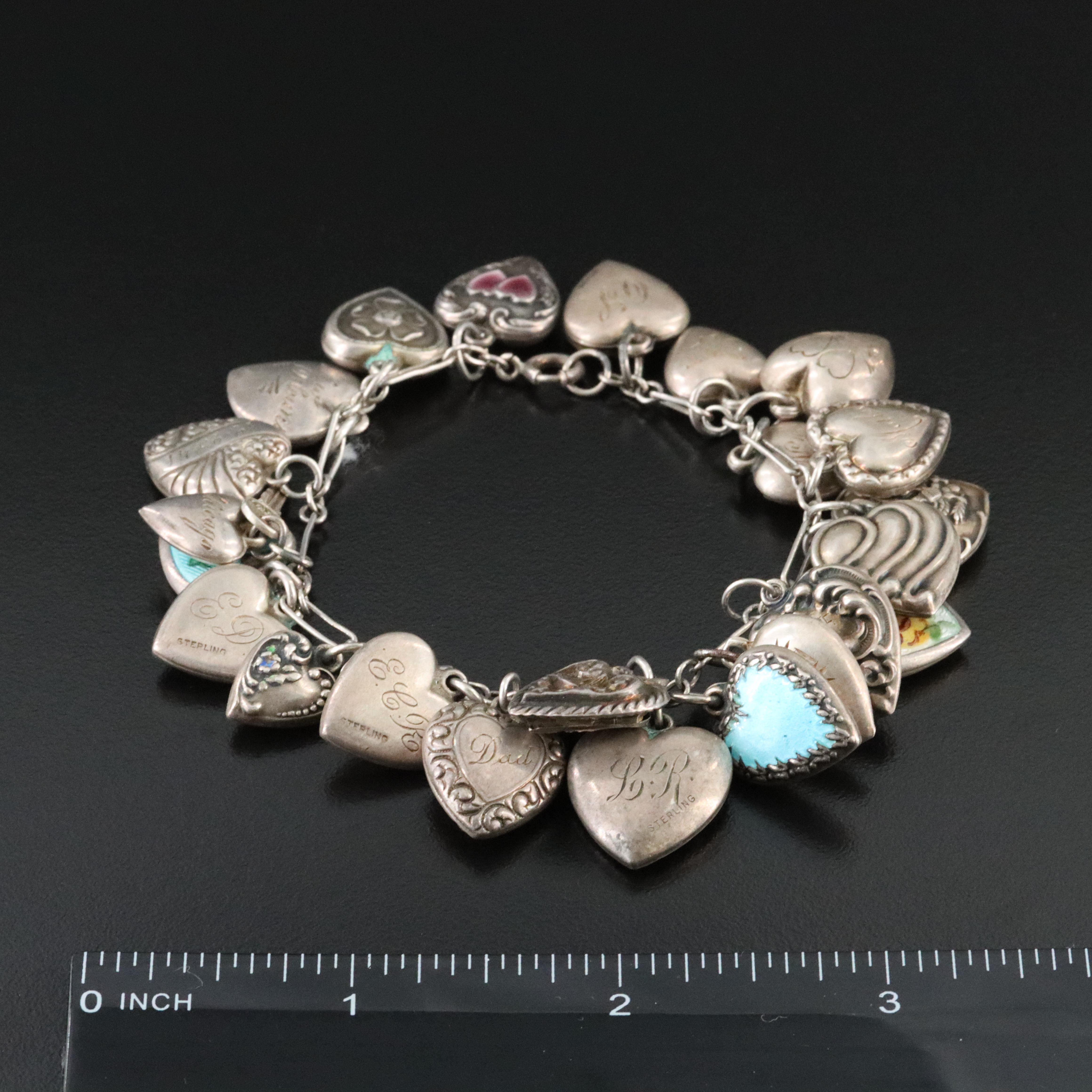 Antique and Vintage Sterling Heart Charm Bracelet Including Walter Lampl Charm