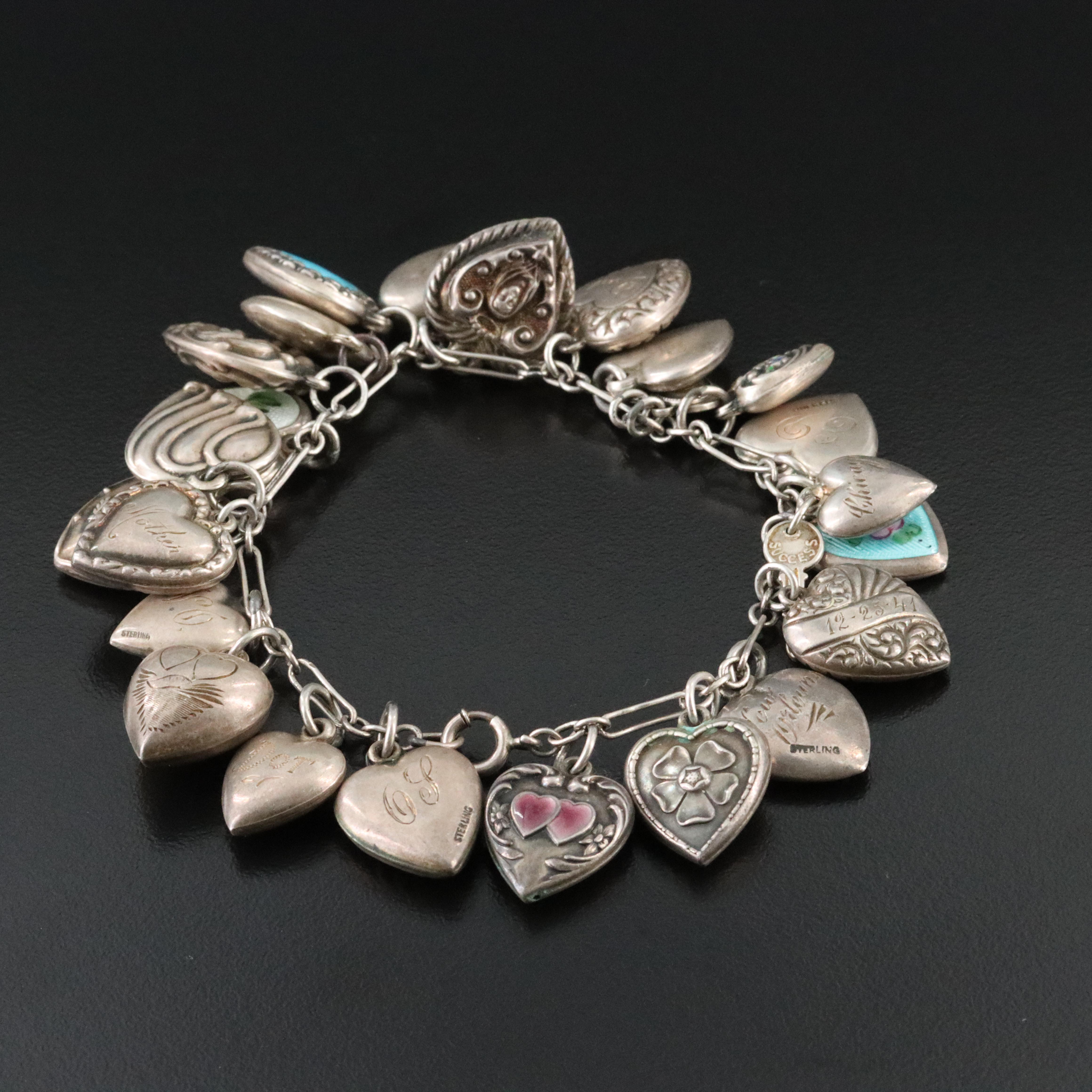 Antique and Vintage Sterling Heart Charm Bracelet Including Walter Lampl Charm