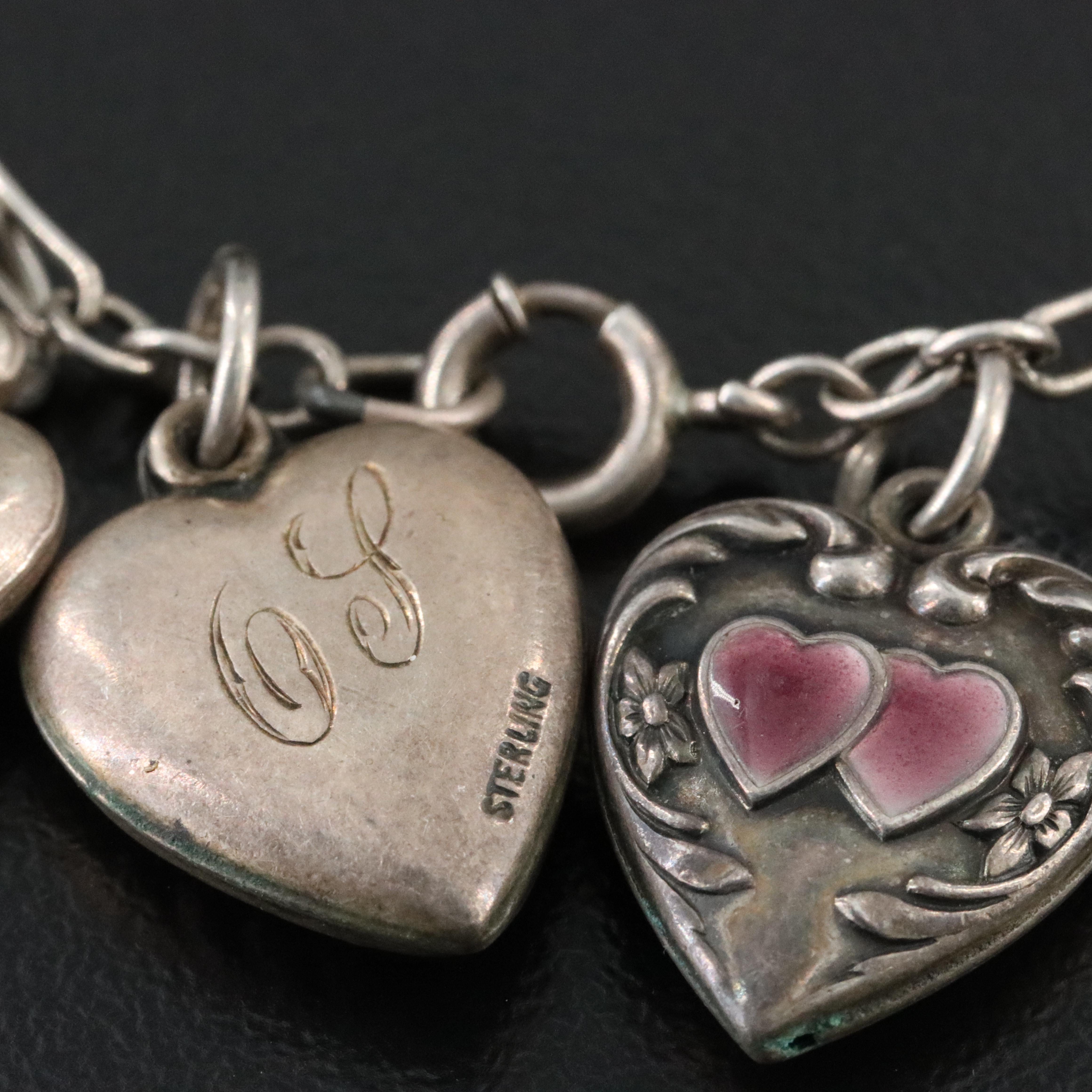 Antique and Vintage Sterling Heart Charm Bracelet Including Walter Lampl Charm