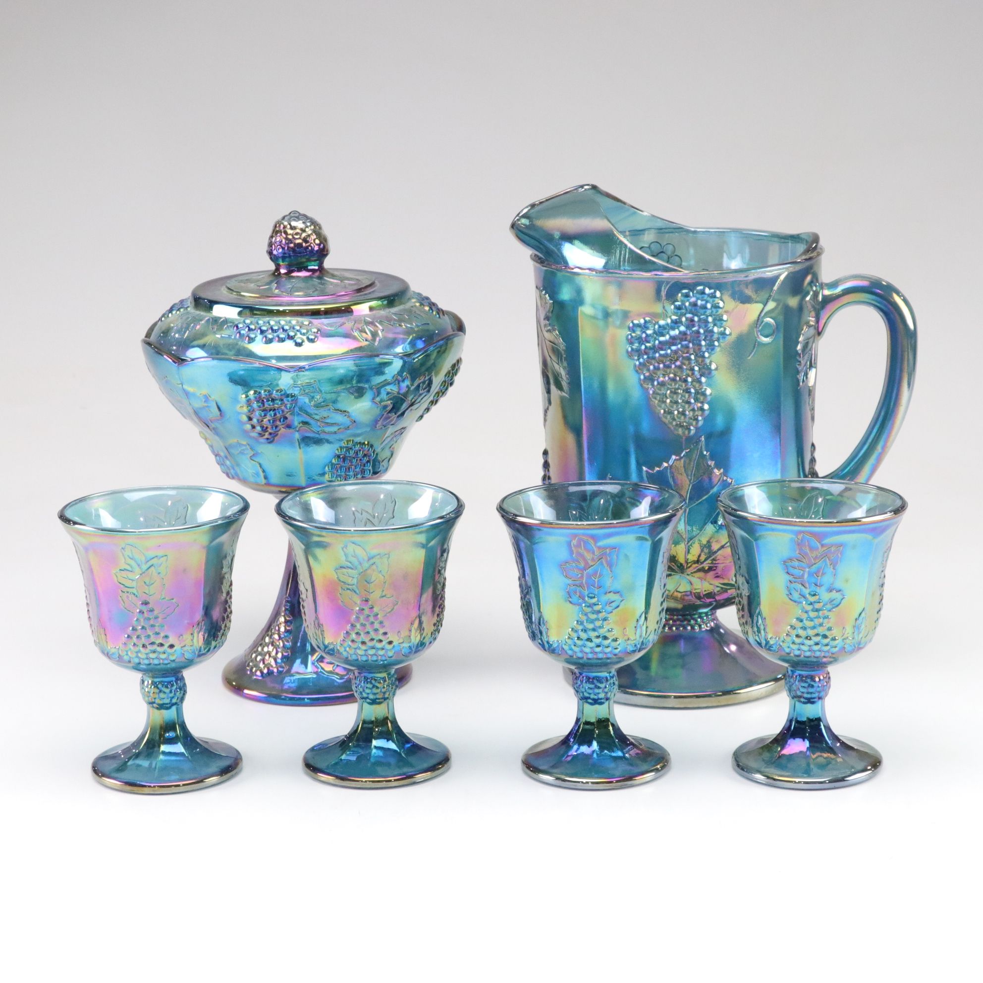 Indiana Carnival Glass "Harvest Grape" Lidded Compote with Pitcher and Goblets