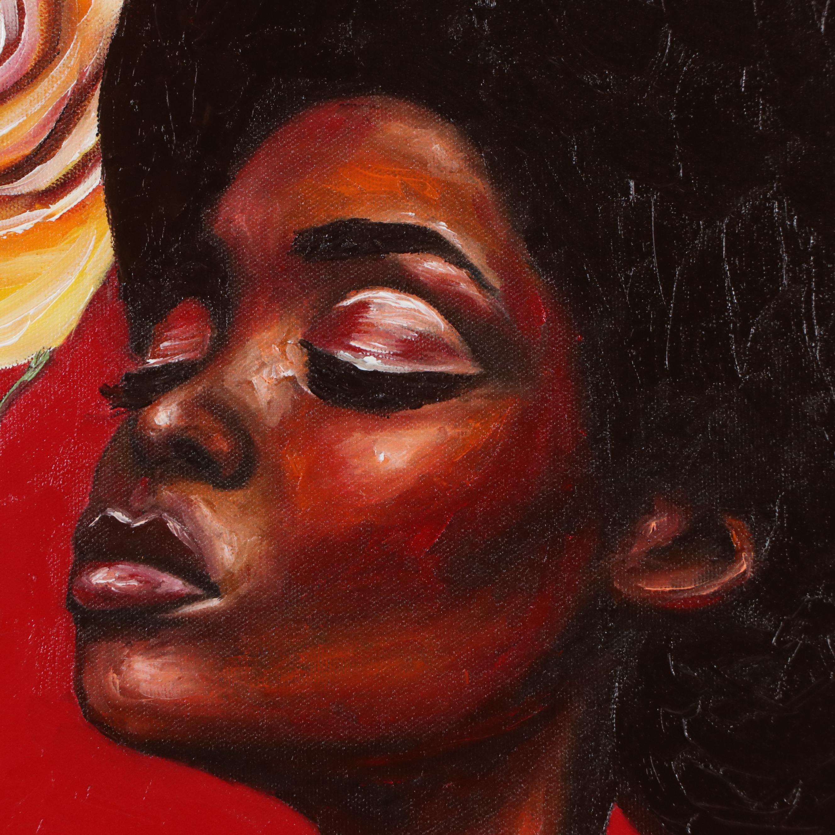 Oluwakemi Omowaire Oil Portrait Painting of Woman Smelling Roses, 21st Century