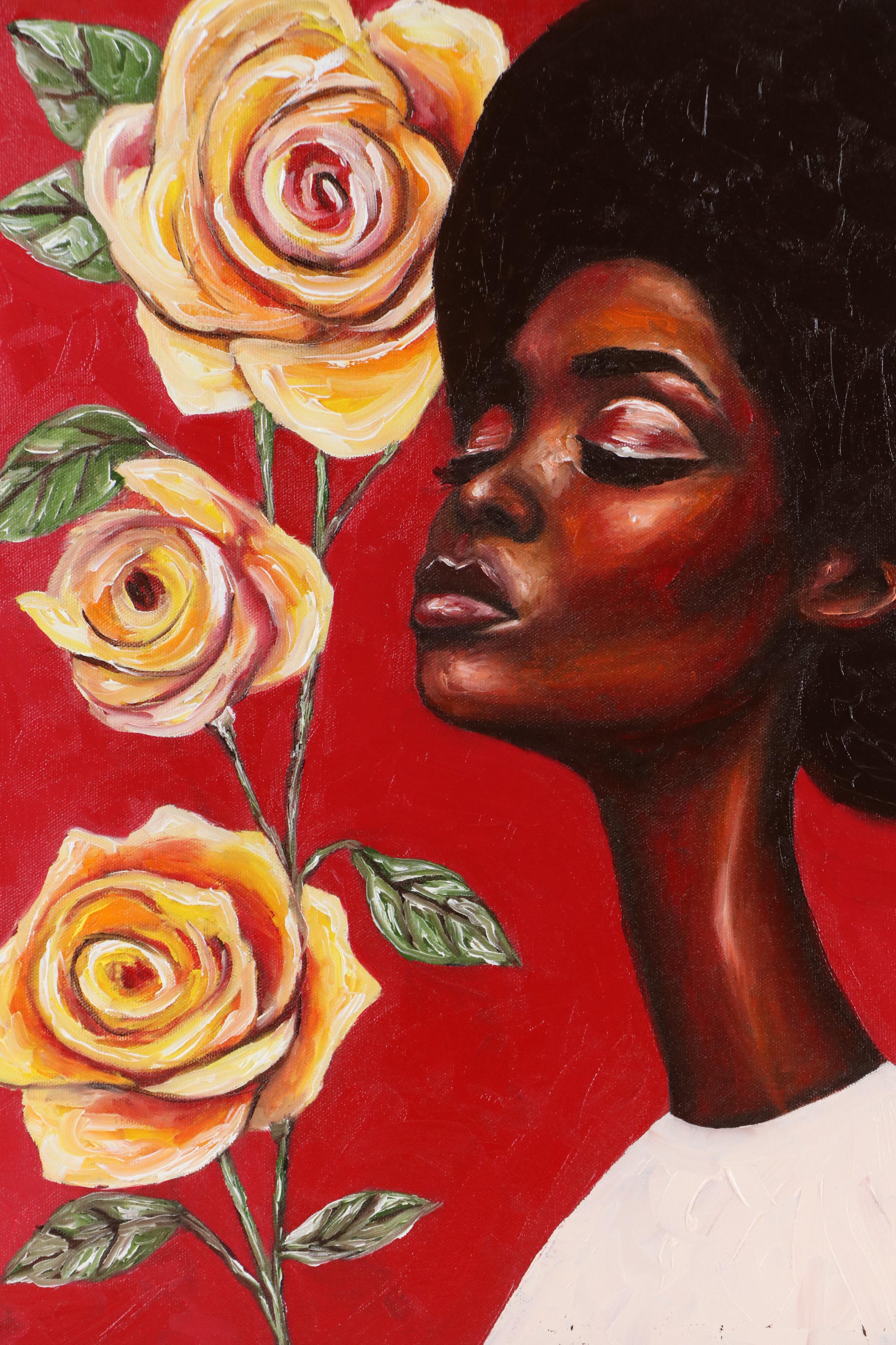 Oluwakemi Omowaire Oil Portrait Painting of Woman Smelling Roses, 21st Century