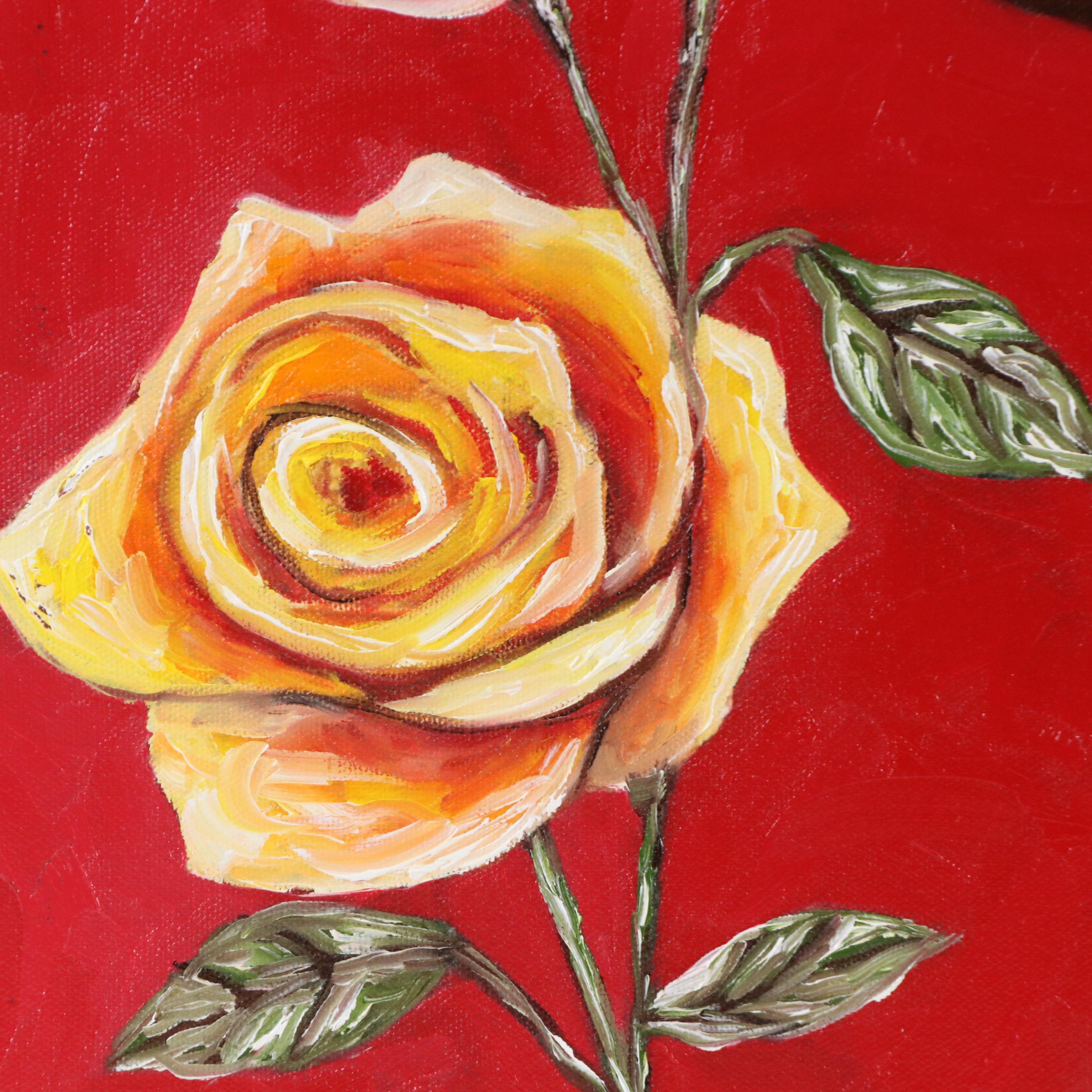 Oluwakemi Omowaire Oil Portrait Painting of Woman Smelling Roses, 21st Century