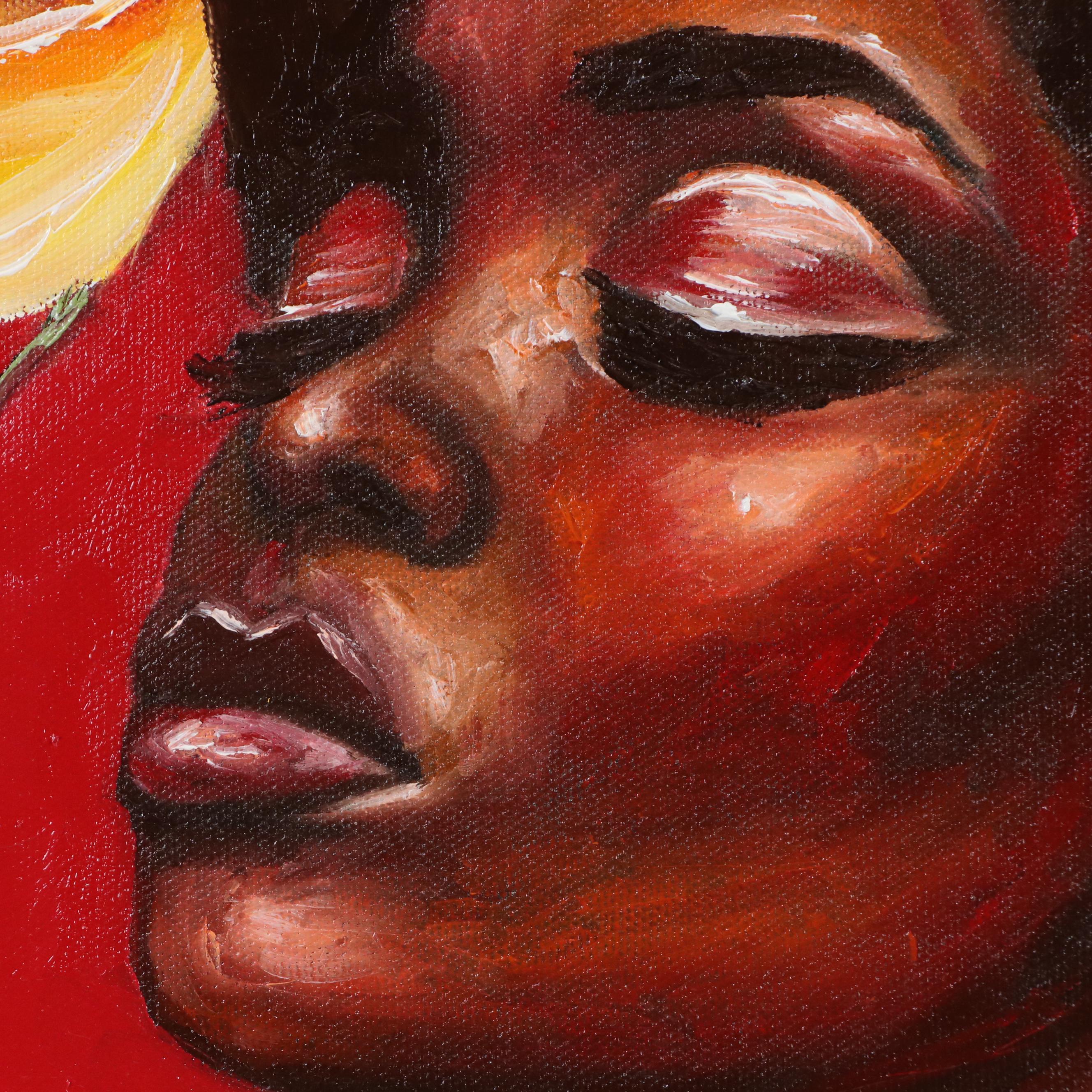 Oluwakemi Omowaire Oil Portrait Painting of Woman Smelling Roses, 21st Century