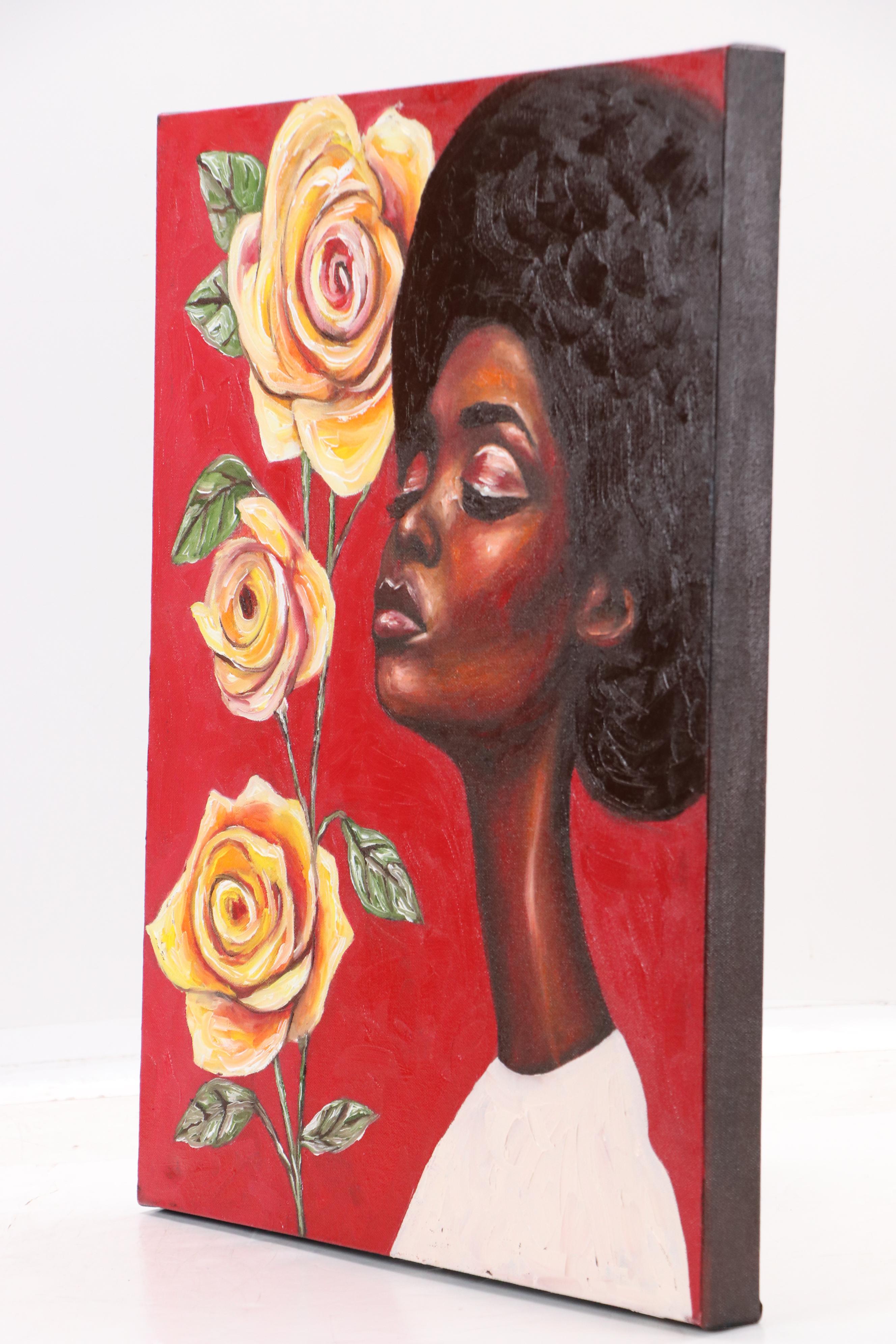 Oluwakemi Omowaire Oil Portrait Painting of Woman Smelling Roses, 21st Century