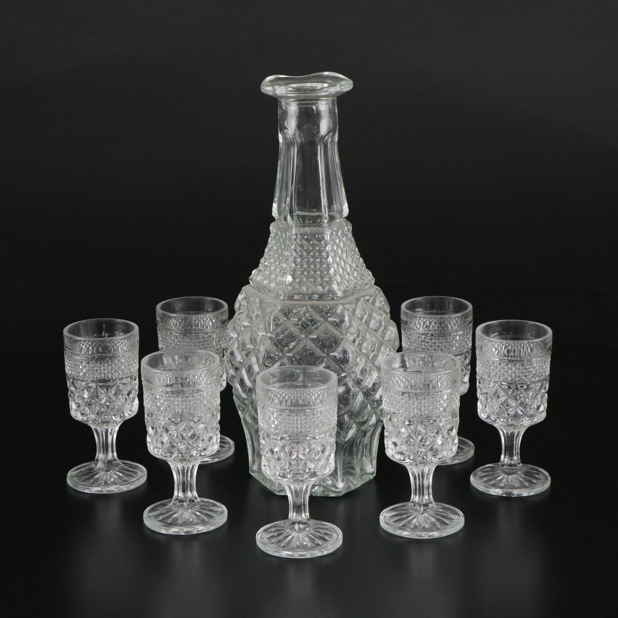 Anchor Hocking "Wexford" Pressed Glass Decanter and Cordial Glasses