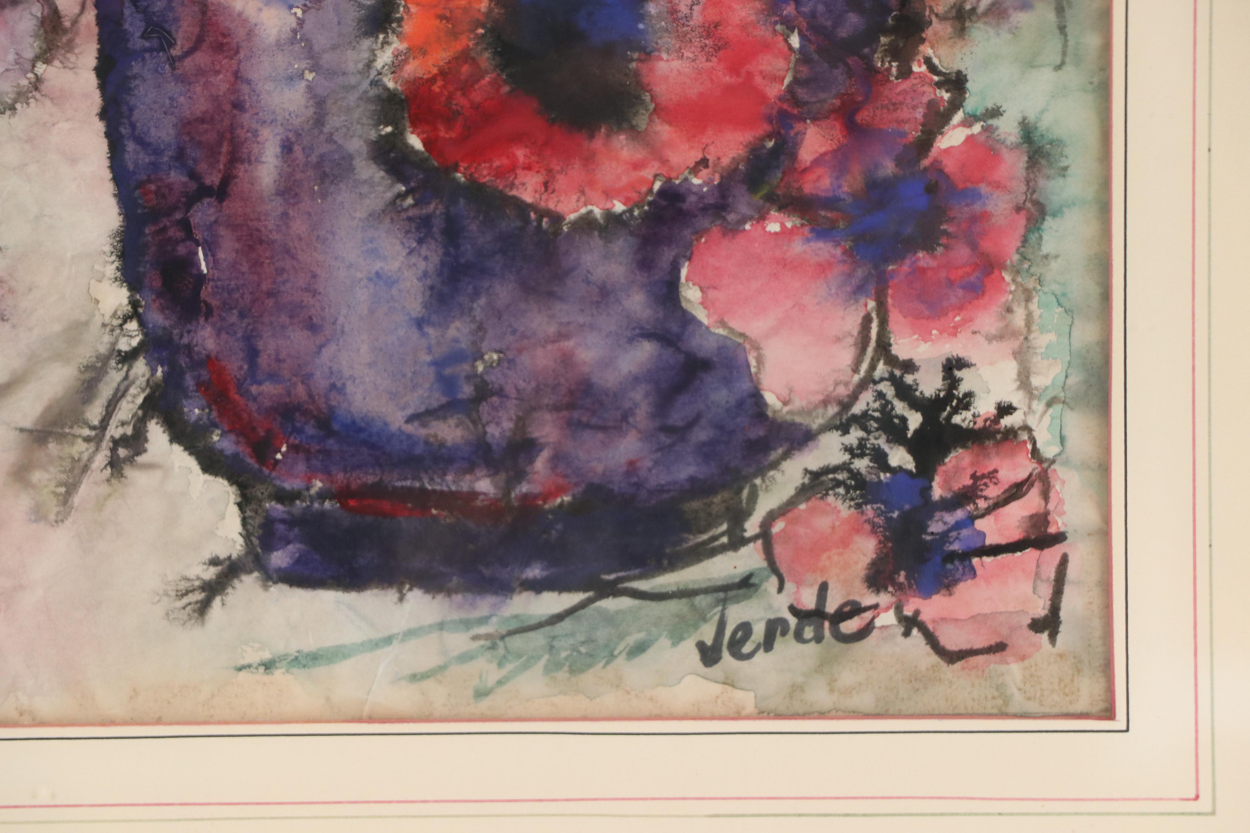 Verde Floral Still Life With Poppies Watercolor Painting, Mid-20th Century