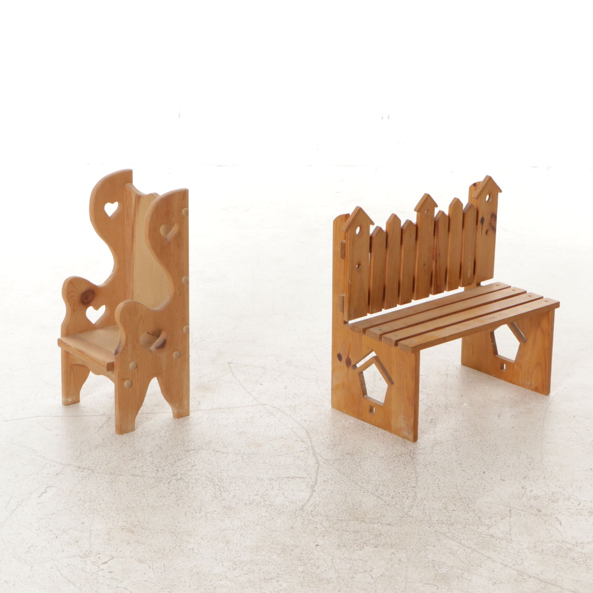 Heart and House Motif Carved Wooden Doll Bench and Chair