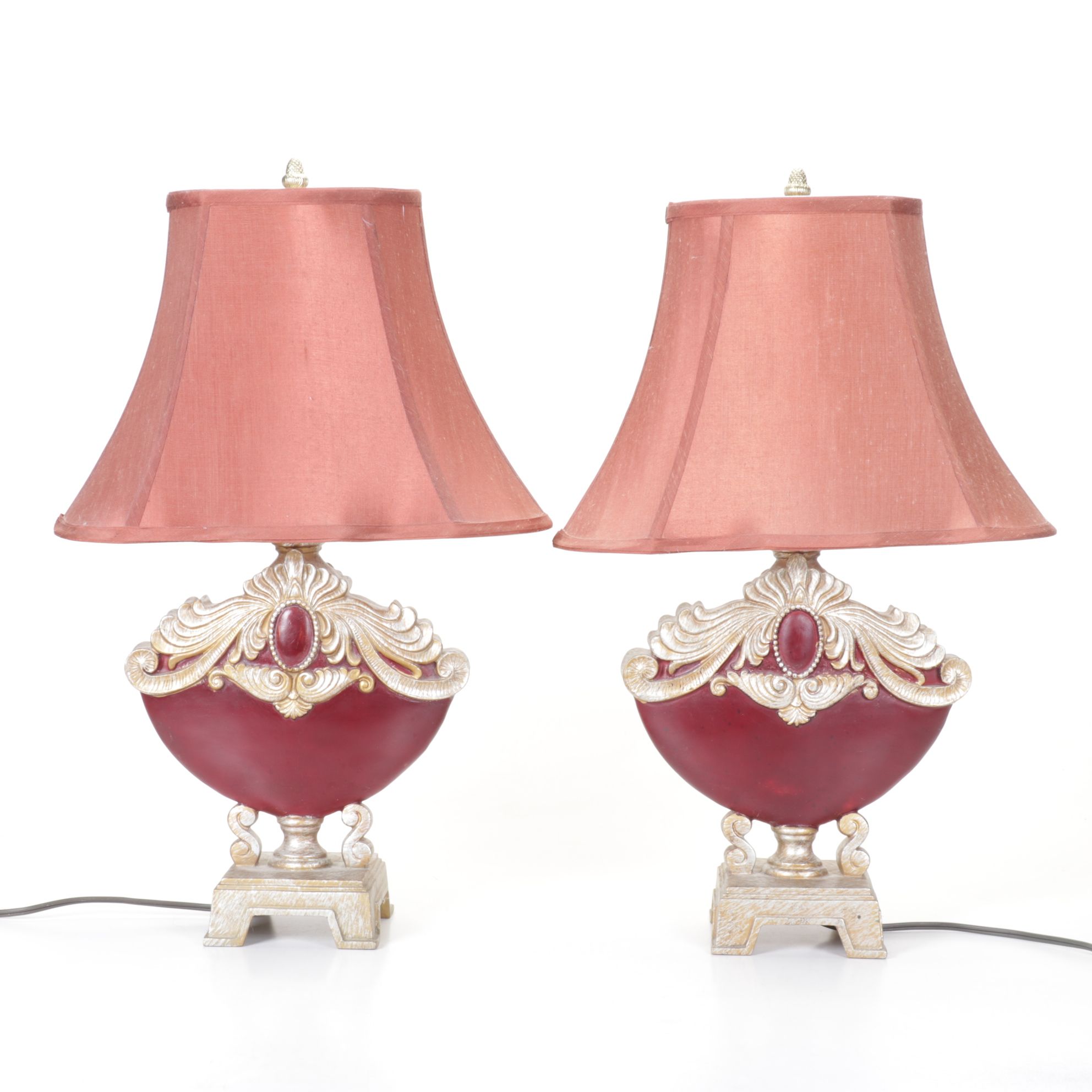 Pair of Baroque-esque Pink and Pearlescent Boudoir Lamps, Silk Shades