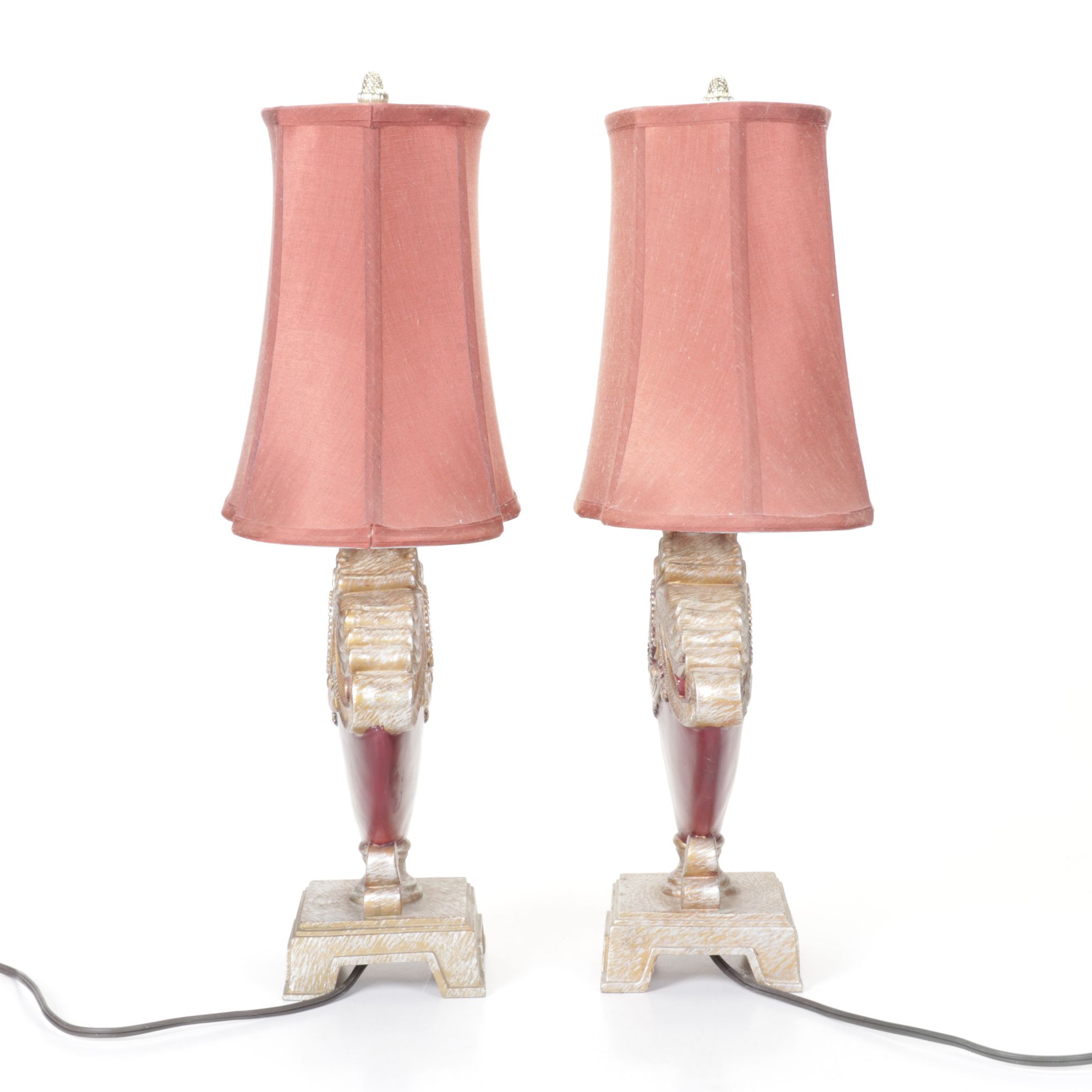 Pair of Baroque-esque Pink and Pearlescent Boudoir Lamps, Silk Shades