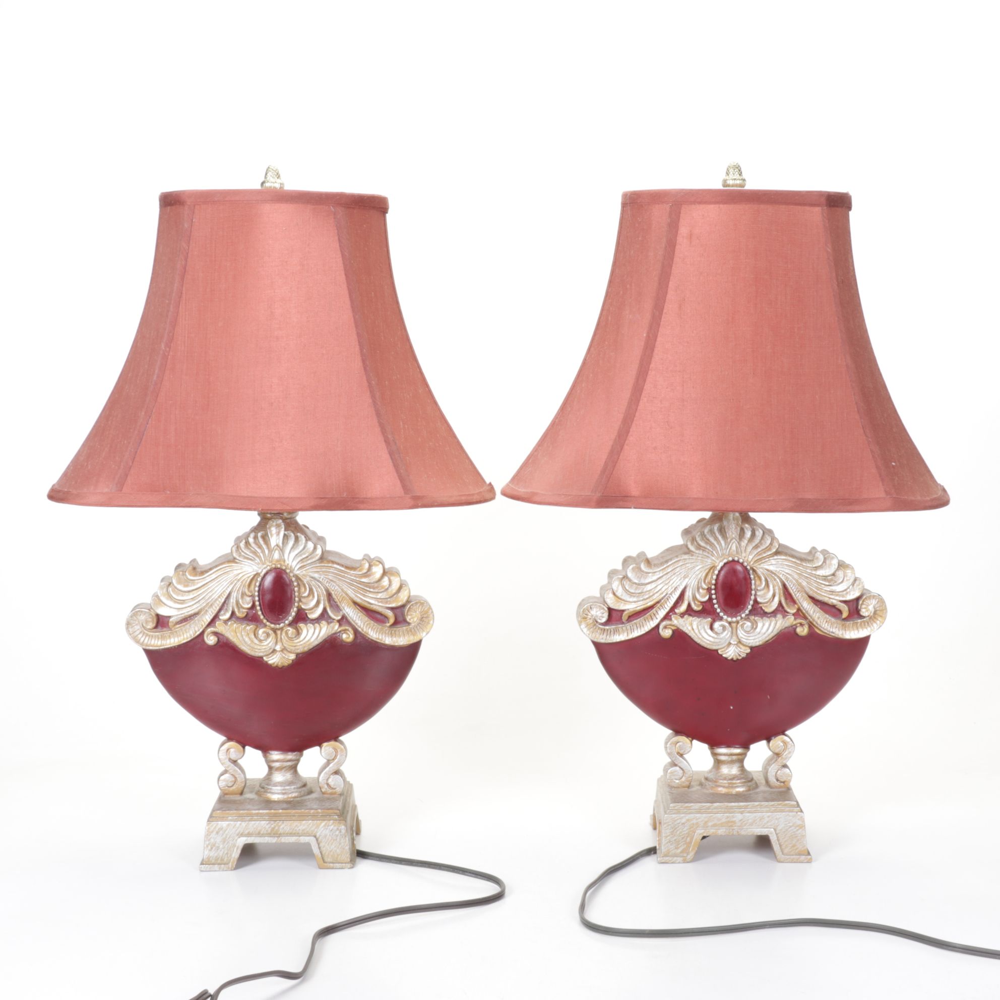 Pair of Baroque-esque Pink and Pearlescent Boudoir Lamps, Silk Shades