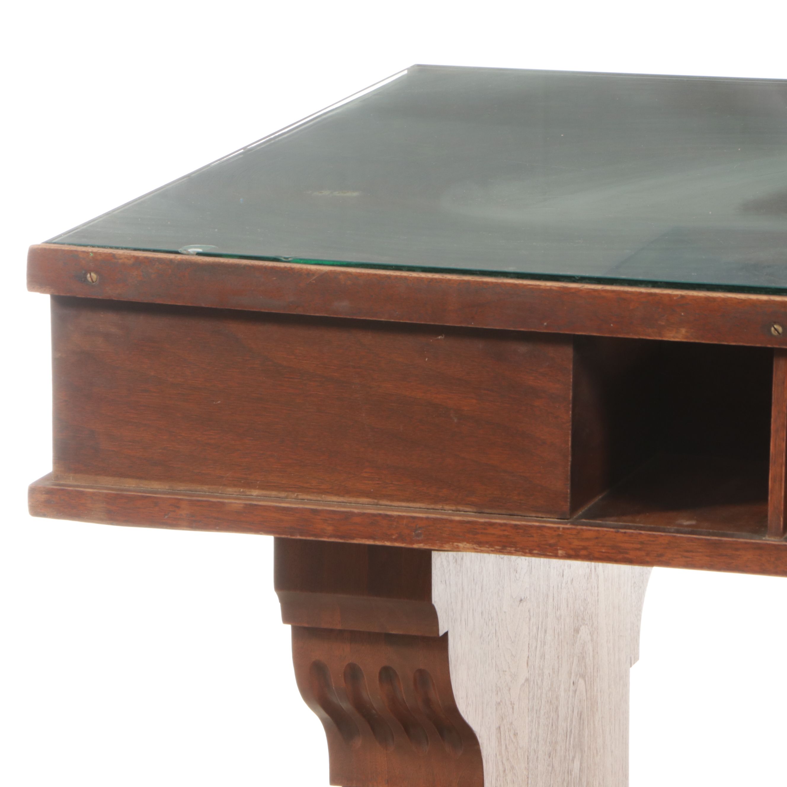 Antique Neoclassical Style Mahogany Bank Table with Glass Top