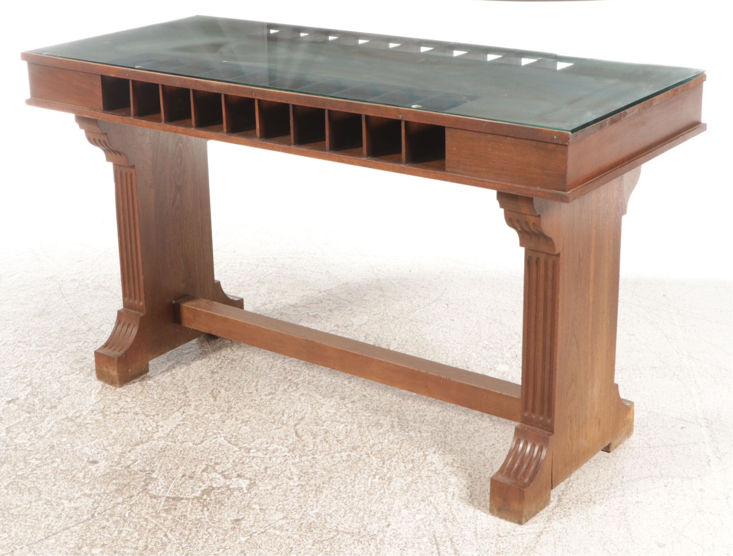 Antique Neoclassical Style Mahogany Bank Table with Glass Top