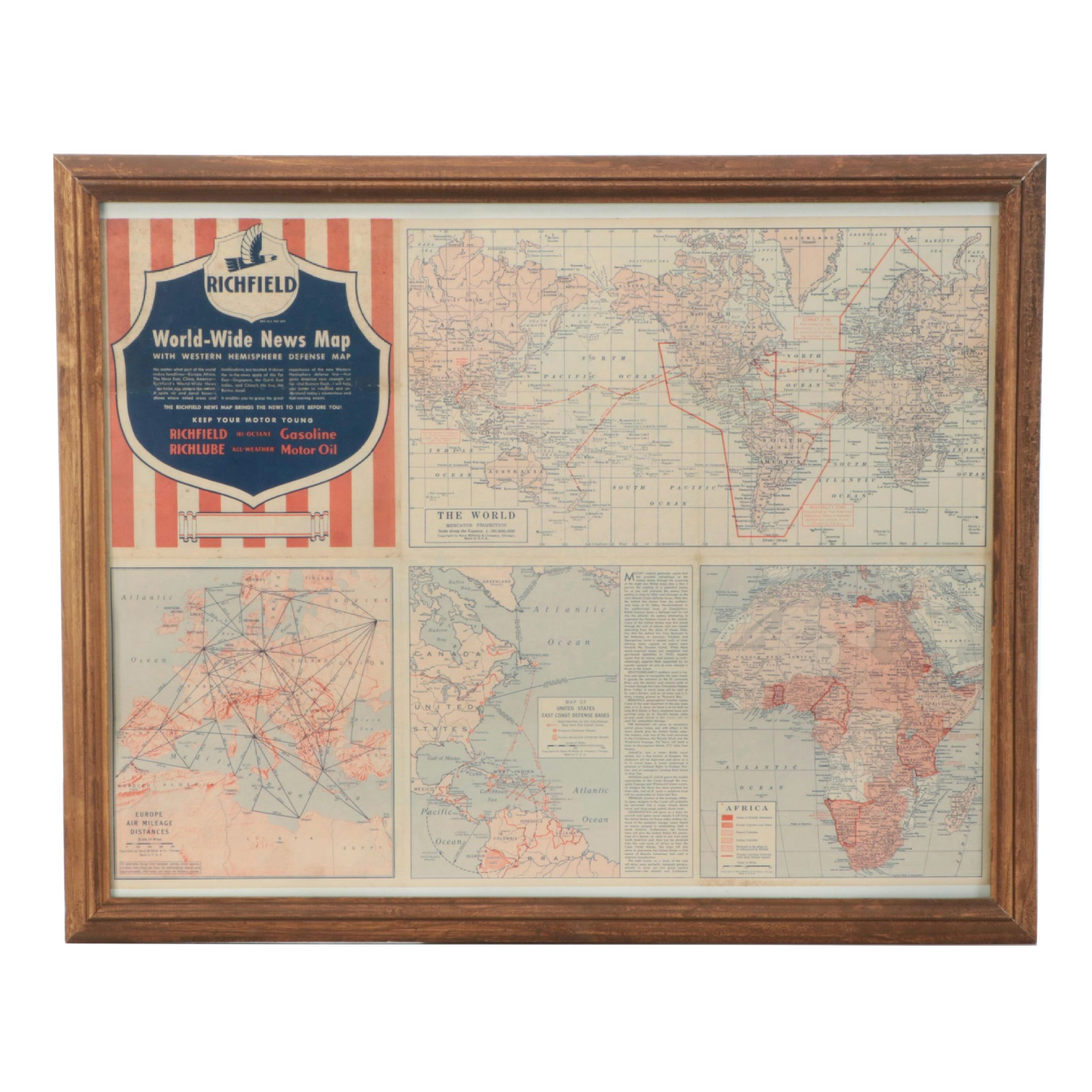 Framed Richfield "World-Wide News Map," Mid-20th Century