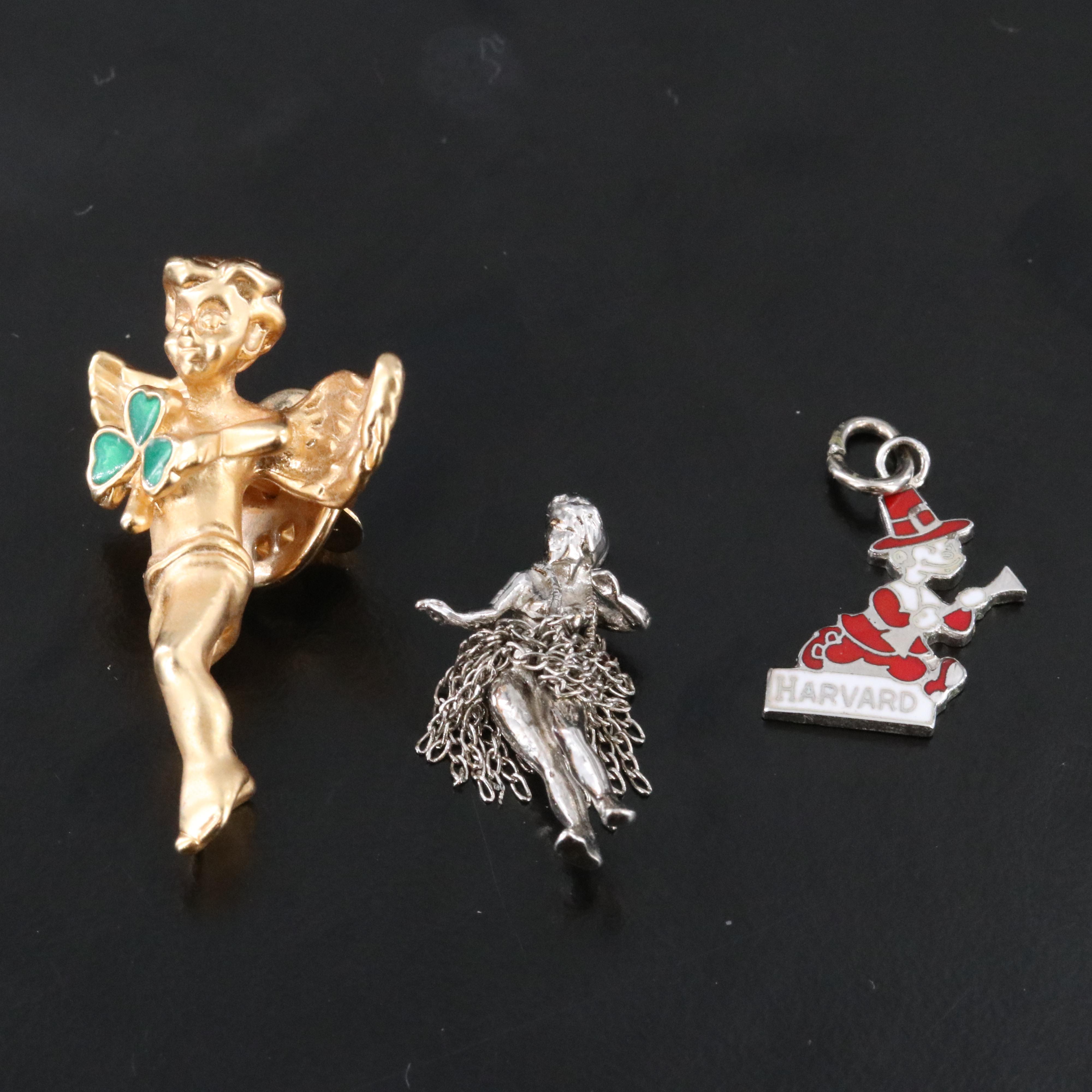 Hula Dancer Charm, Lucky Angel Pin and Sterling Harvard Charm